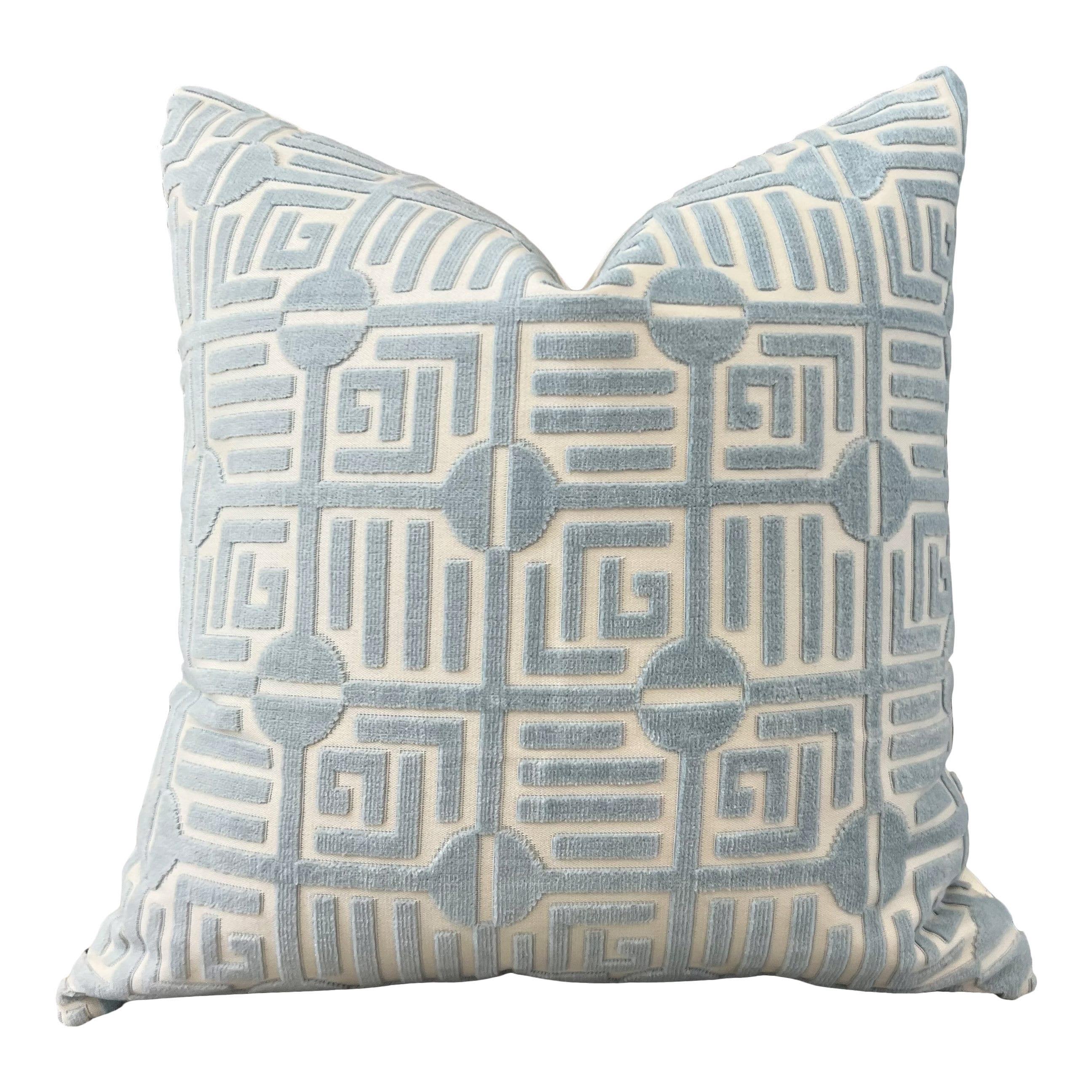 Thibaut Labyrinth Velvet Pillow in Spa Blue. High End Pillows, Designer Raised Velvet Pillows, Geometric Velvet Pillows in Light Blue