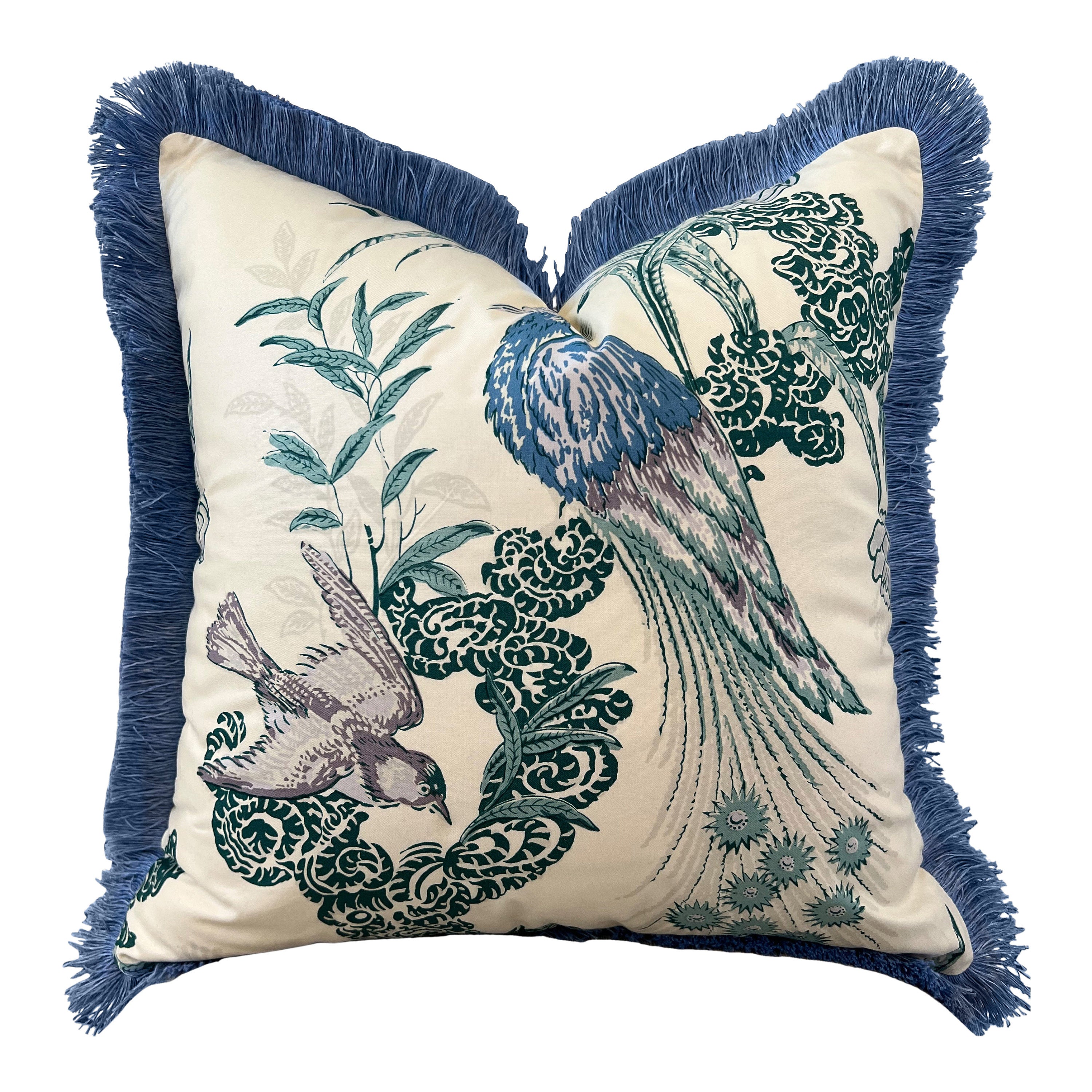 Schumacher Peacock Pillow in Cream and Teal Embellished with French Blue Brush Trim. Decorative High End  Pillows, Designer Pillow Covers,