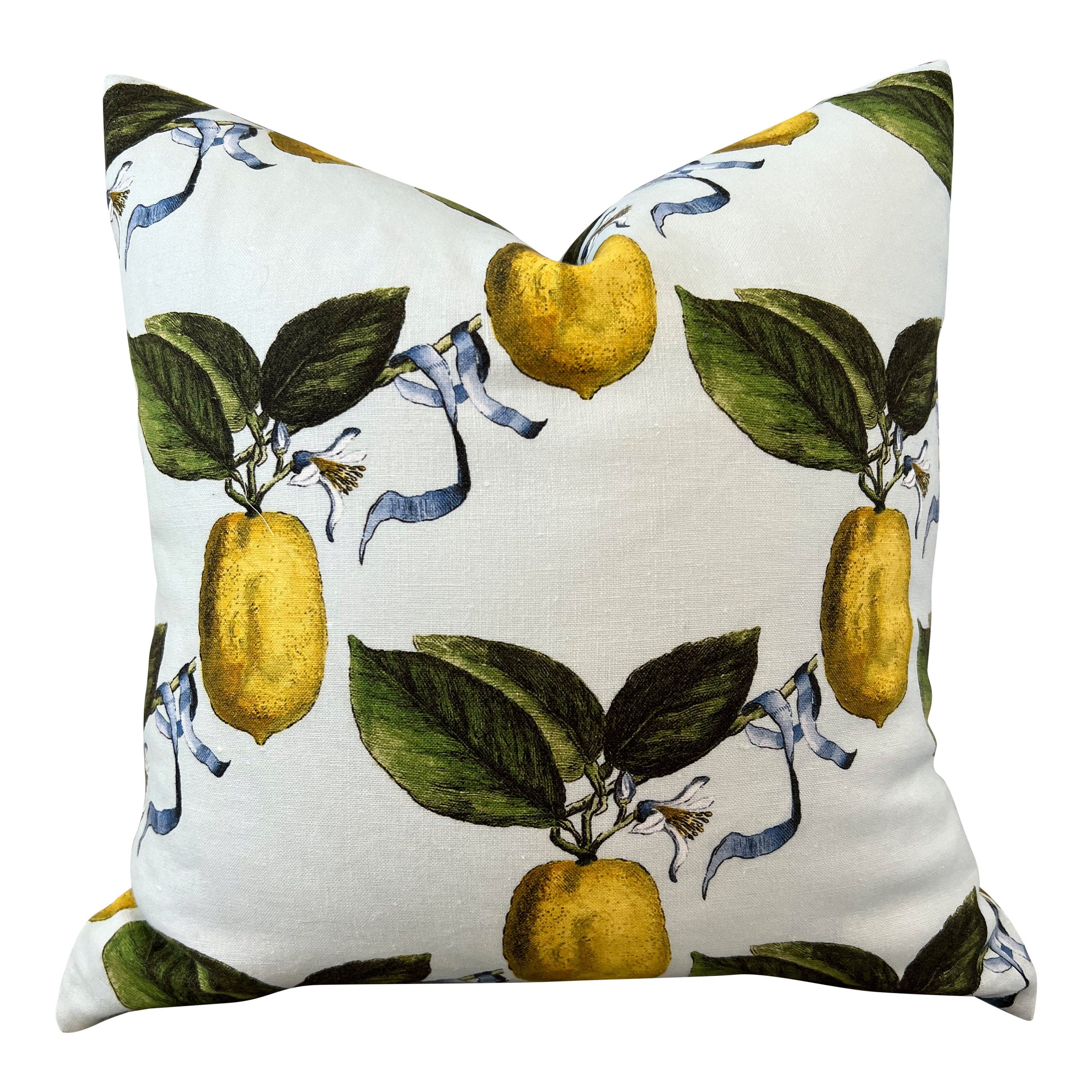 Schumacher La Citron Linen Pillow in Sky Blue. Designer Linen Pillows, Accent Lumbar Pillow Cover, Hinge End Decorative Pillows, Euro Sham
