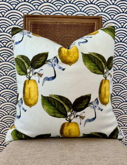 Schumacher La Citron Linen Pillow in Sky Blue. Designer Linen Pillows, Accent Lumbar Pillow Cover, Hinge End Decorative Pillows, Euro Sham