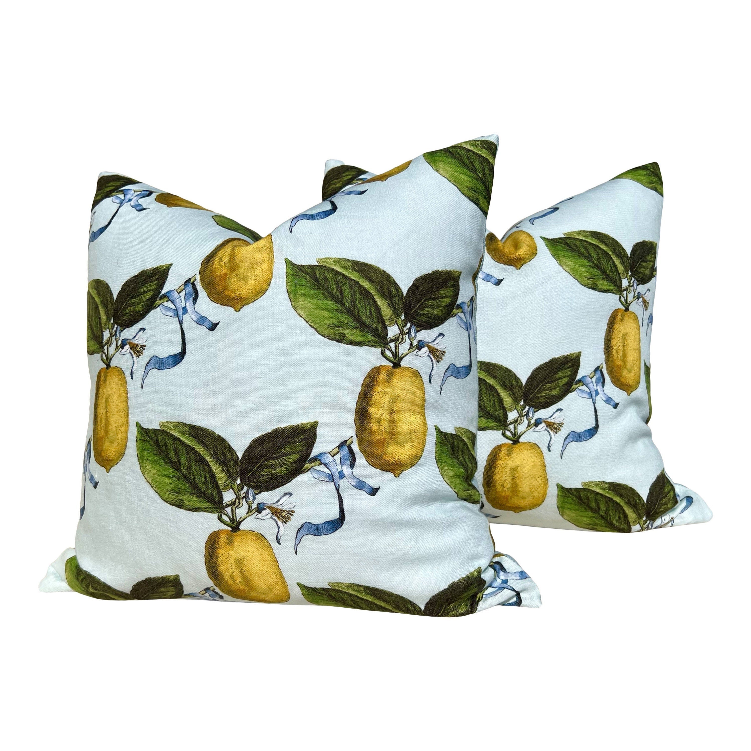 Schumacher La Citron Linen Pillow in Sky Blue. Designer Linen Pillows, Accent Lumbar Pillow Cover, Hinge End Decorative Pillows, Euro Sham