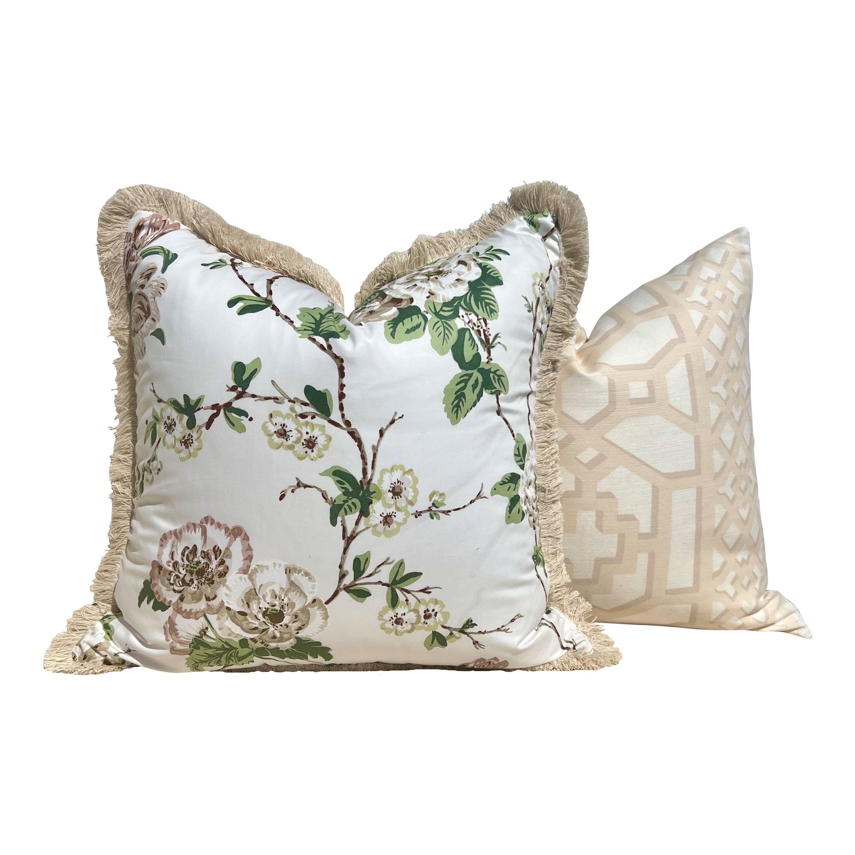 Schumacher Betty Chintz Pillow in Quiet Pink Embellished with Beige Brush Trim. Decorative High End Pillows, Designer Pillow Covers