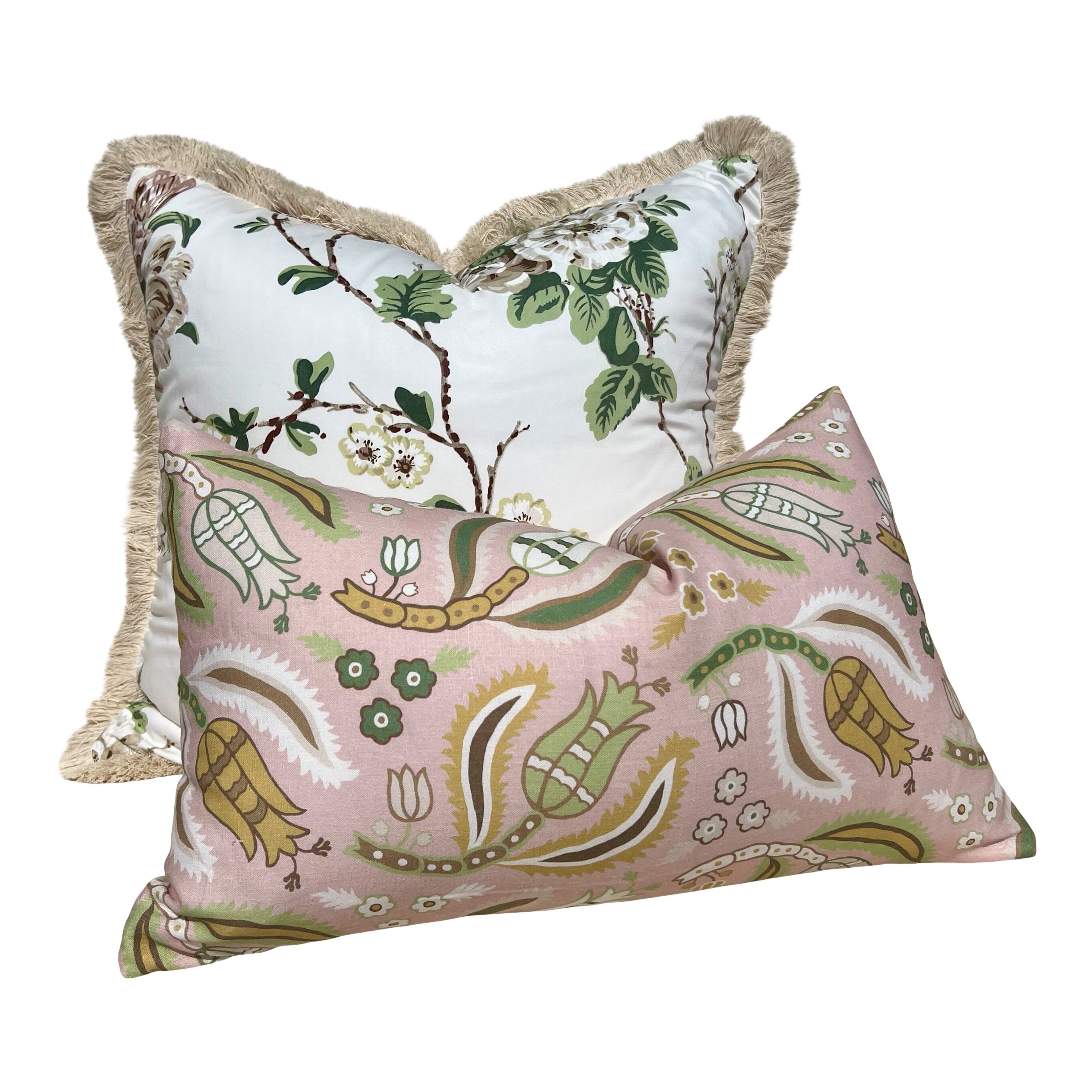 Schumacher Betty Chintz Pillow in Quiet Pink Embellished with Beige Brush Trim. Decorative High End Pillows, Designer Pillow Covers