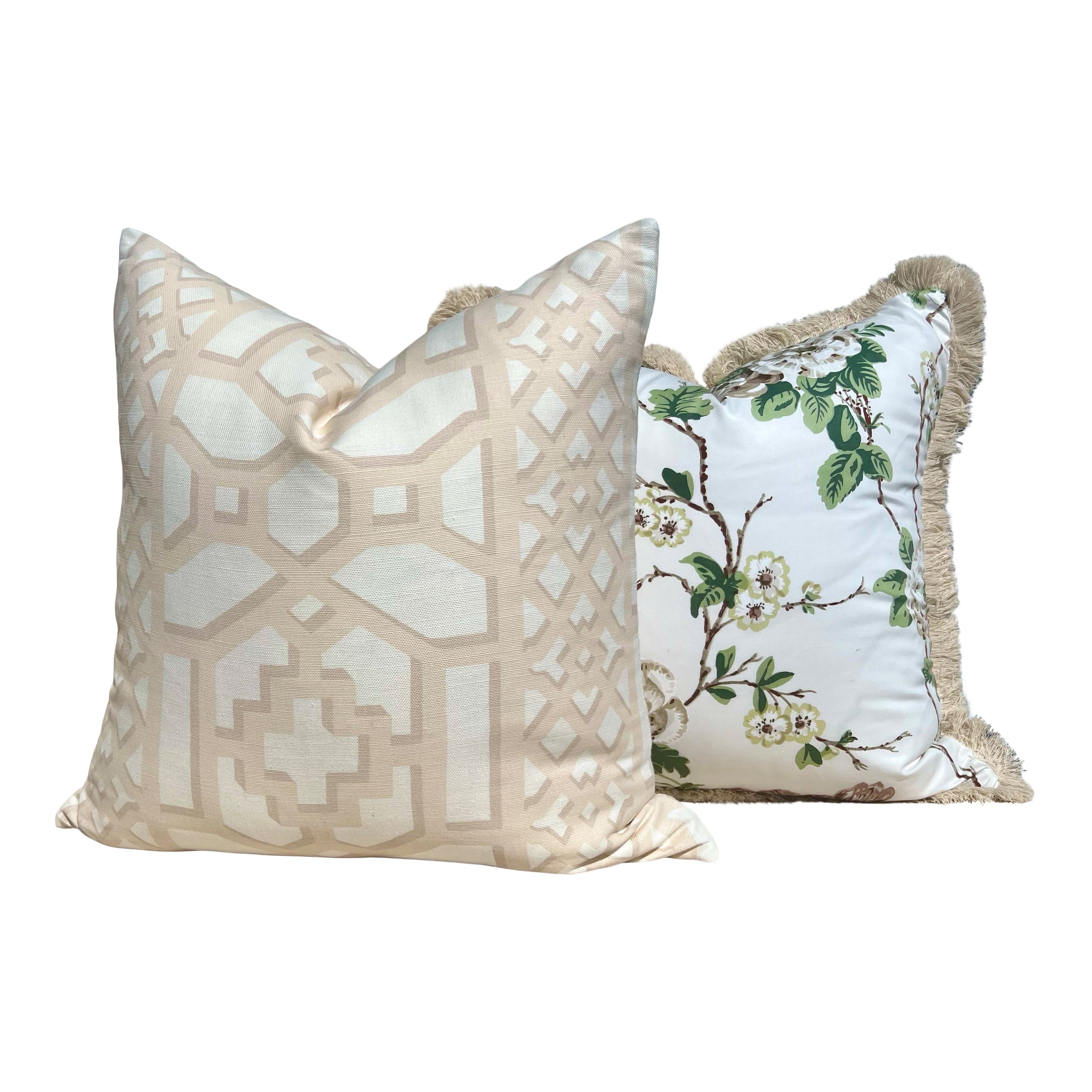 Schumacher Betty Chintz Pillow in Quiet Pink Embellished with Beige Brush Trim. Decorative High End Pillows, Designer Pillow Covers