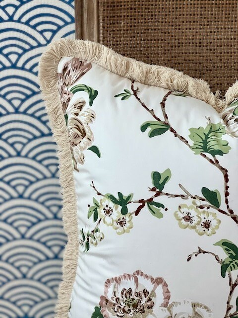 Schumacher Betty Chintz Pillow in Quiet Pink Embellished with Beige Brush Trim. Decorative High End Pillows, Designer Pillow Covers