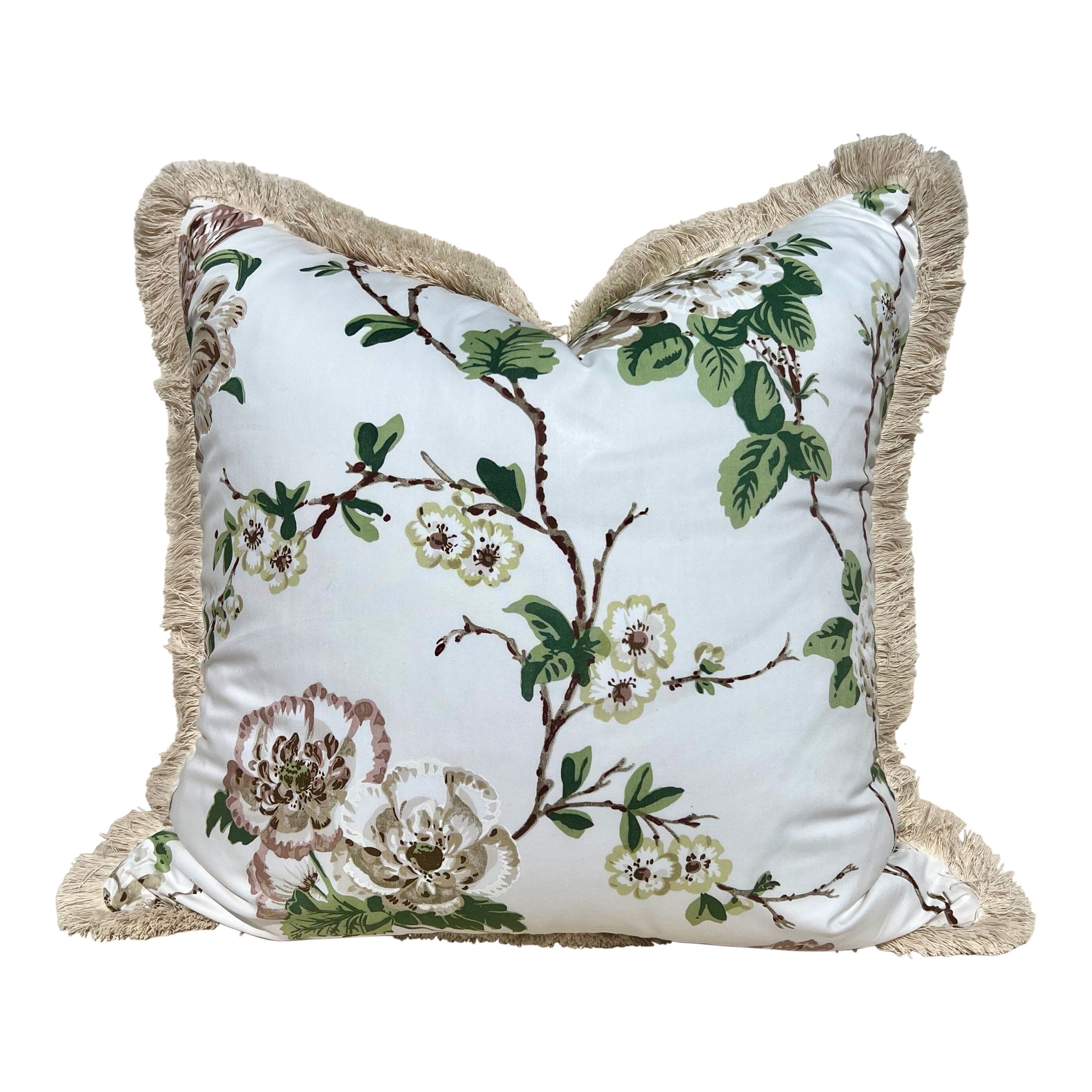 Schumacher Betty Chintz Pillow in Quiet Pink Embellished with Beige Brush Trim. Decorative High End Pillows, Designer Pillow Covers