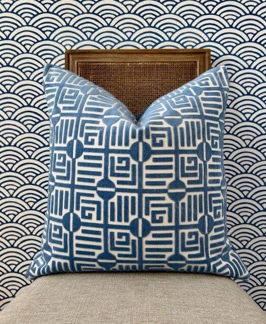 Thibaut Labyrinth Velvet Pillow in Blue. High End Pillows, Designer Raised Velvet Pillows, Geometric Velvet Pillows in Light Blue, Euro Sham