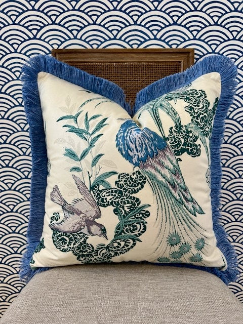 Schumacher Peacock Pillow in Cream and Teal Embellished with French Blue Brush Trim. Decorative High End  Pillows, Designer Pillow Covers,