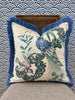 Load image into Gallery viewer, Schumacher Peacock Pillow in Cream and Teal Embellished with French Blue Brush Trim. Decorative High End  Pillows, Designer Pillow Covers,