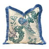 Load image into Gallery viewer, Schumacher Peacock Pillow in Cream and Teal Embellished with French Blue Brush Trim. Decorative High End  Pillows, Designer Pillow Covers,