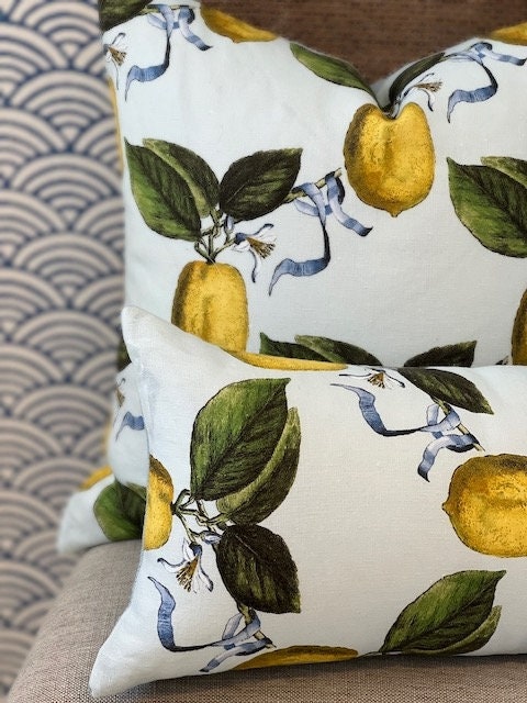 Schumacher La Citron Linen Pillow in Sky Blue. Designer Linen Pillows, Accent Lumbar Pillow Cover, Hinge End Decorative Pillows, Euro Sham