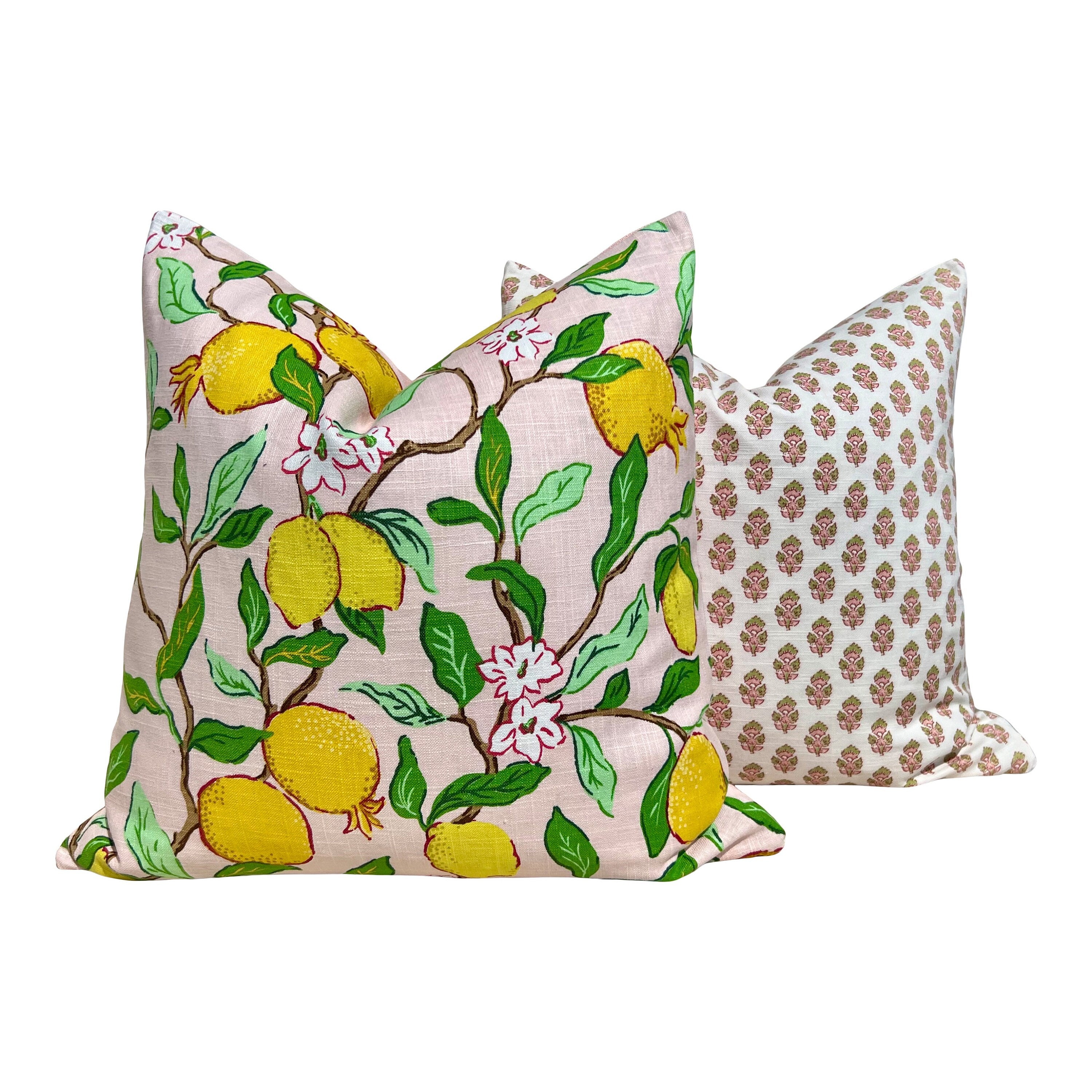 Designer  Lemon Tree Pillow in Pink. Designer Linen Pillows, Accent Lumbar Pillow Cover, Hinge End Decorative Pillows, Euro Sham Covers