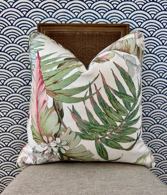 Schumacher Tropique Pillow in Blush. Designer Tropical Pillow Green, Blush, High End Linen Pillow Cover in Plush, Lumbar Palm Leaves Pillow