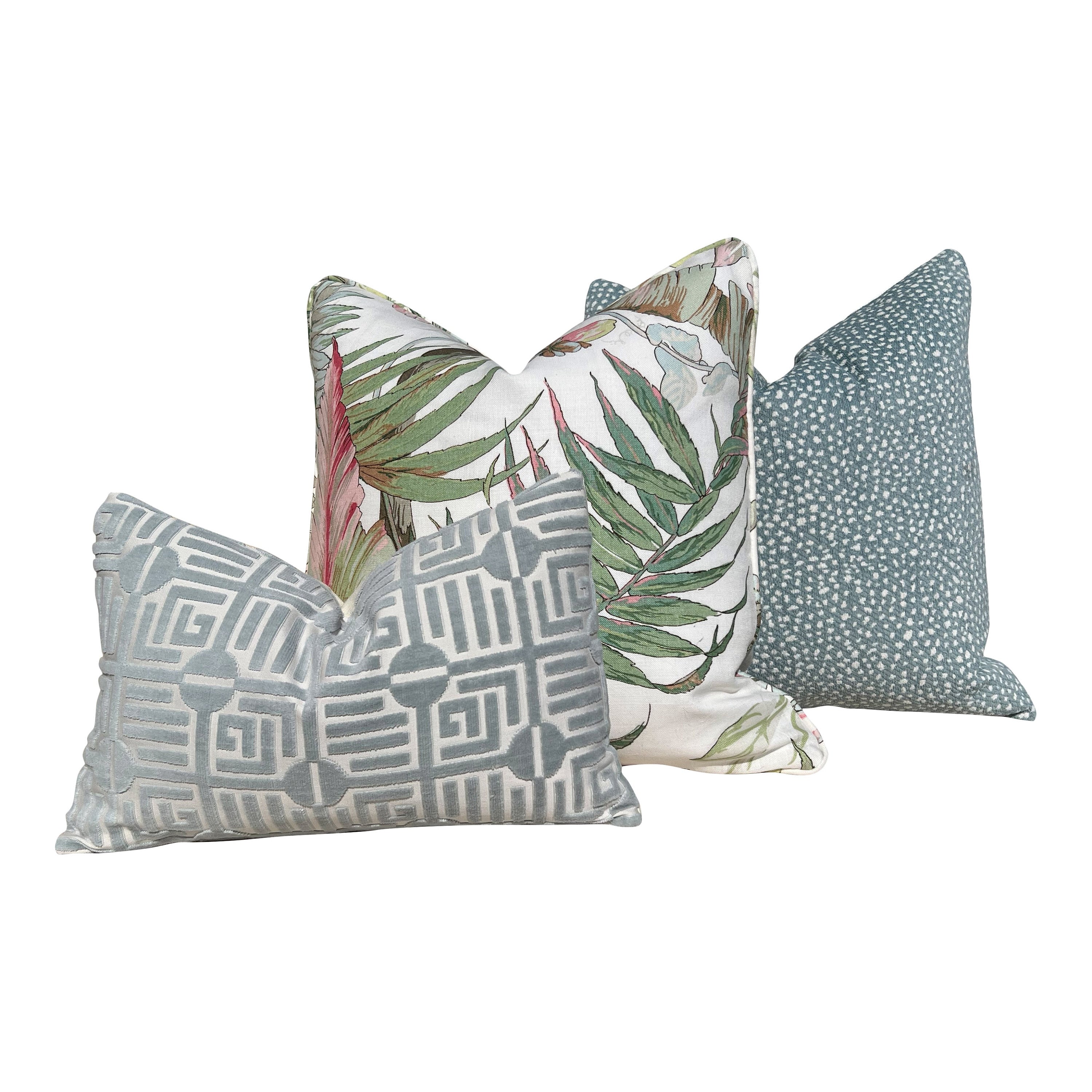 Schumacher Tropique Pillow in Blush. Designer Tropical Pillow Green, Blush, High End Linen Pillow Cover in Plush, Lumbar Palm Leaves Pillow
