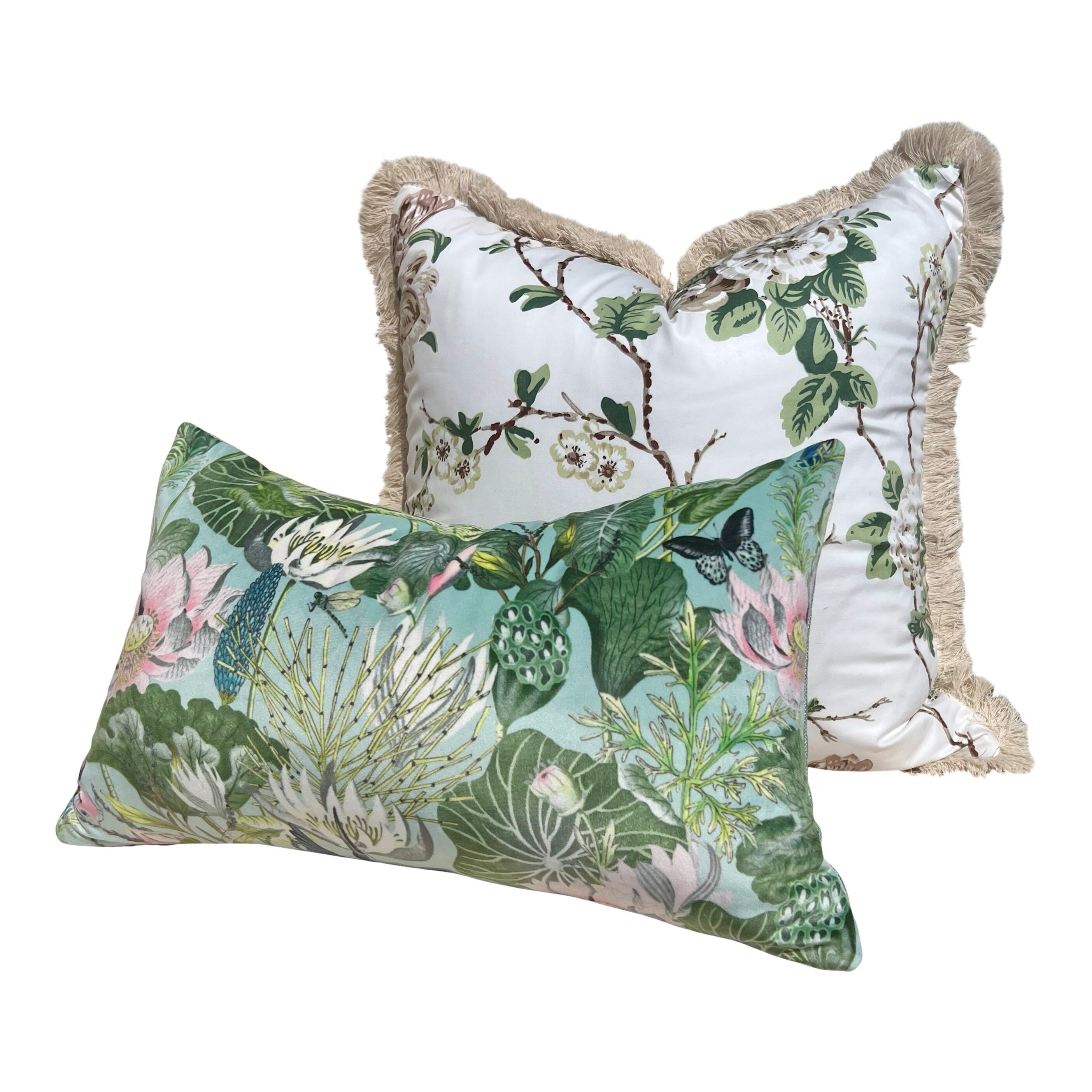 Schumacher Betty Chintz Pillow in Quiet Pink Embellished with Beige Brush Trim. Decorative High End Pillows, Designer Pillow Covers