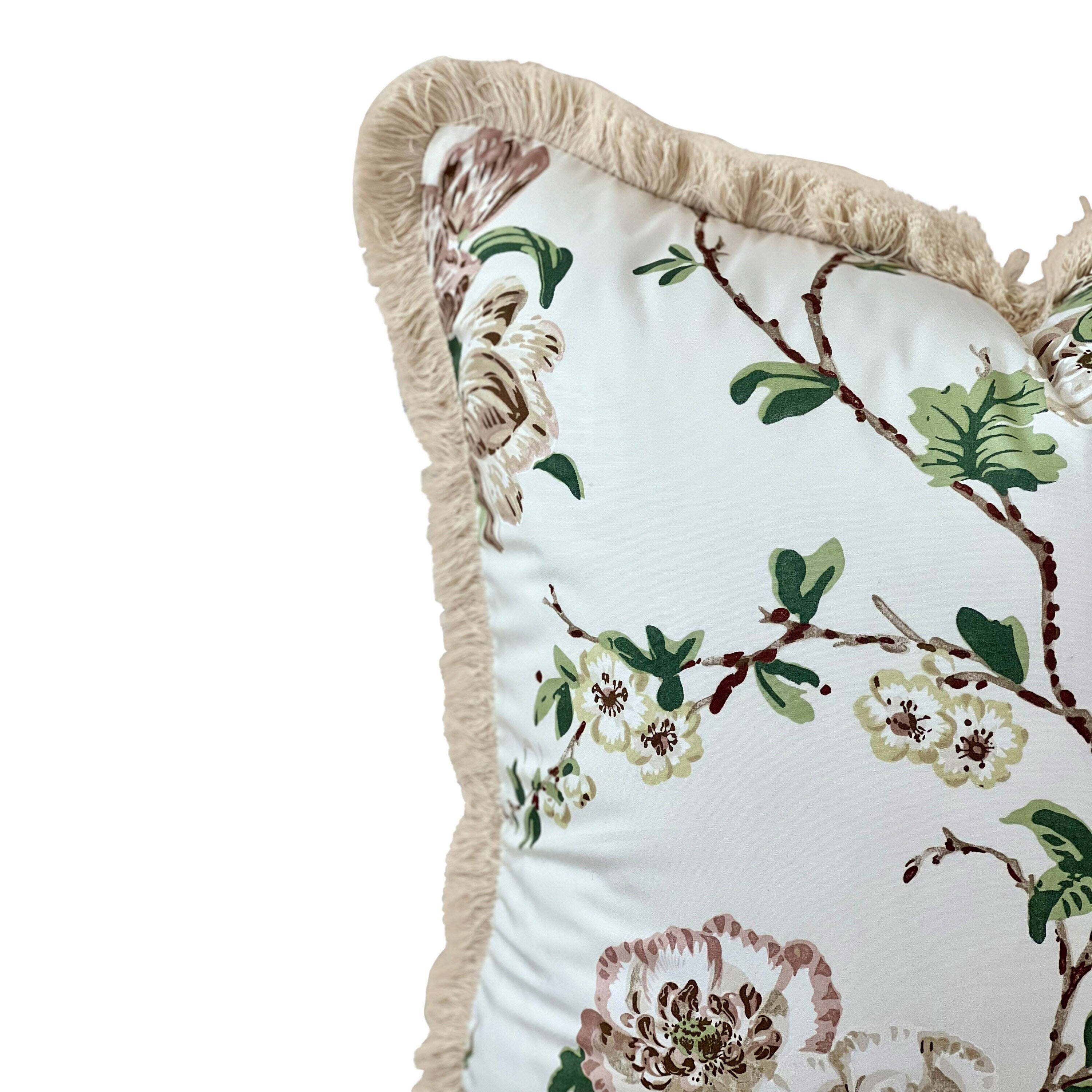 Schumacher Betty Chintz Pillow in Quiet Pink Embellished with Beige Brush Trim. Decorative High End Pillows, Designer Pillow Covers