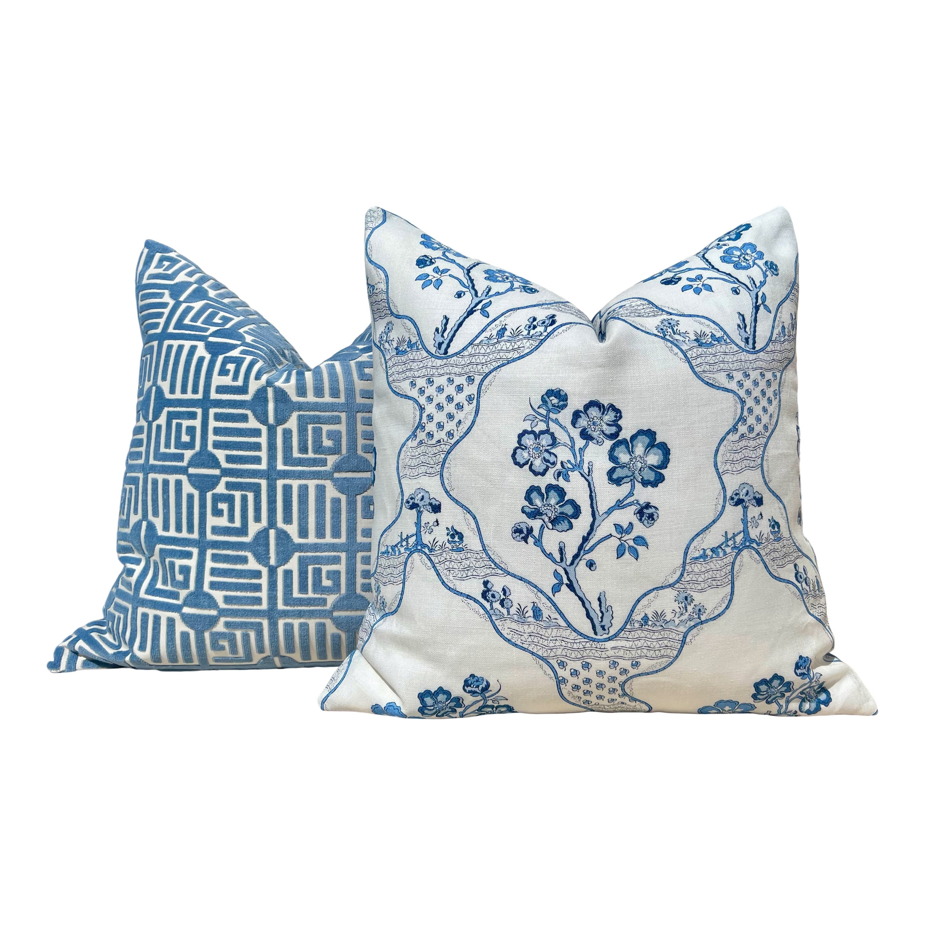Thibaut Labyrinth Velvet Pillow in Blue. High End Pillows, Designer Raised Velvet Pillows, Geometric Velvet Pillows in Light Blue, Euro Sham
