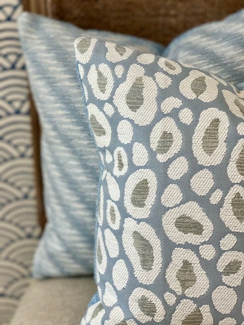 Outdoor/ Indoor Aliso Striped Pillow in Powder Blue. Designer Woven Decorative Sunbrella Outdoor Pillow Cover Light Blue, High End Pillows