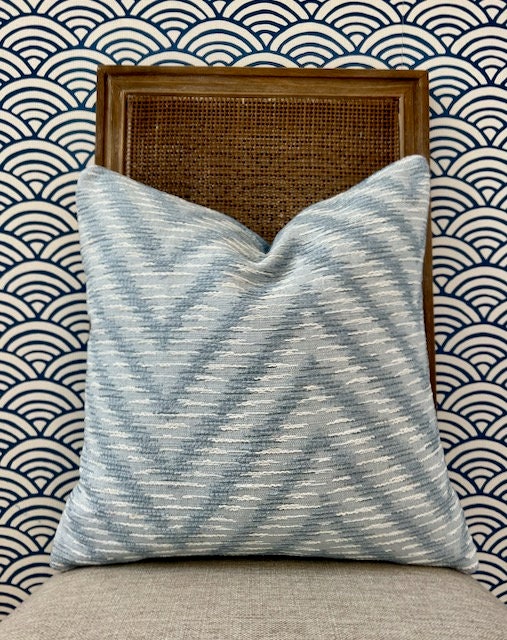 Outdoor/ Indoor Aliso Striped Pillow in Powder Blue. Designer Woven Decorative Sunbrella Outdoor Pillow Cover Light Blue, High End Pillows
