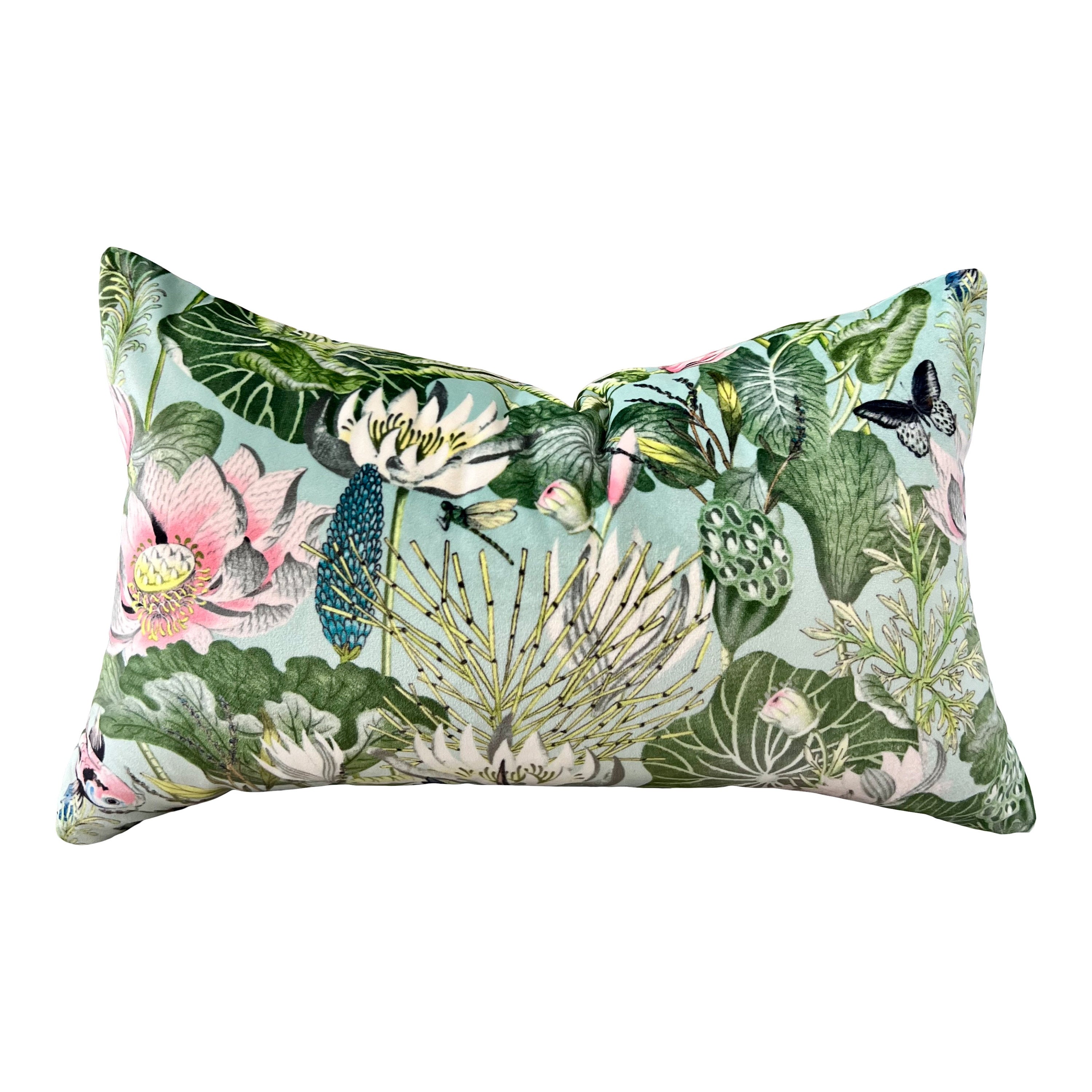 Waterlily Designer Velvet Pillow in Aqua.  Velvet Pillows, Designer Exotic Bird Pillows, High End Pillow Covers, Luxury Botanical Pillow