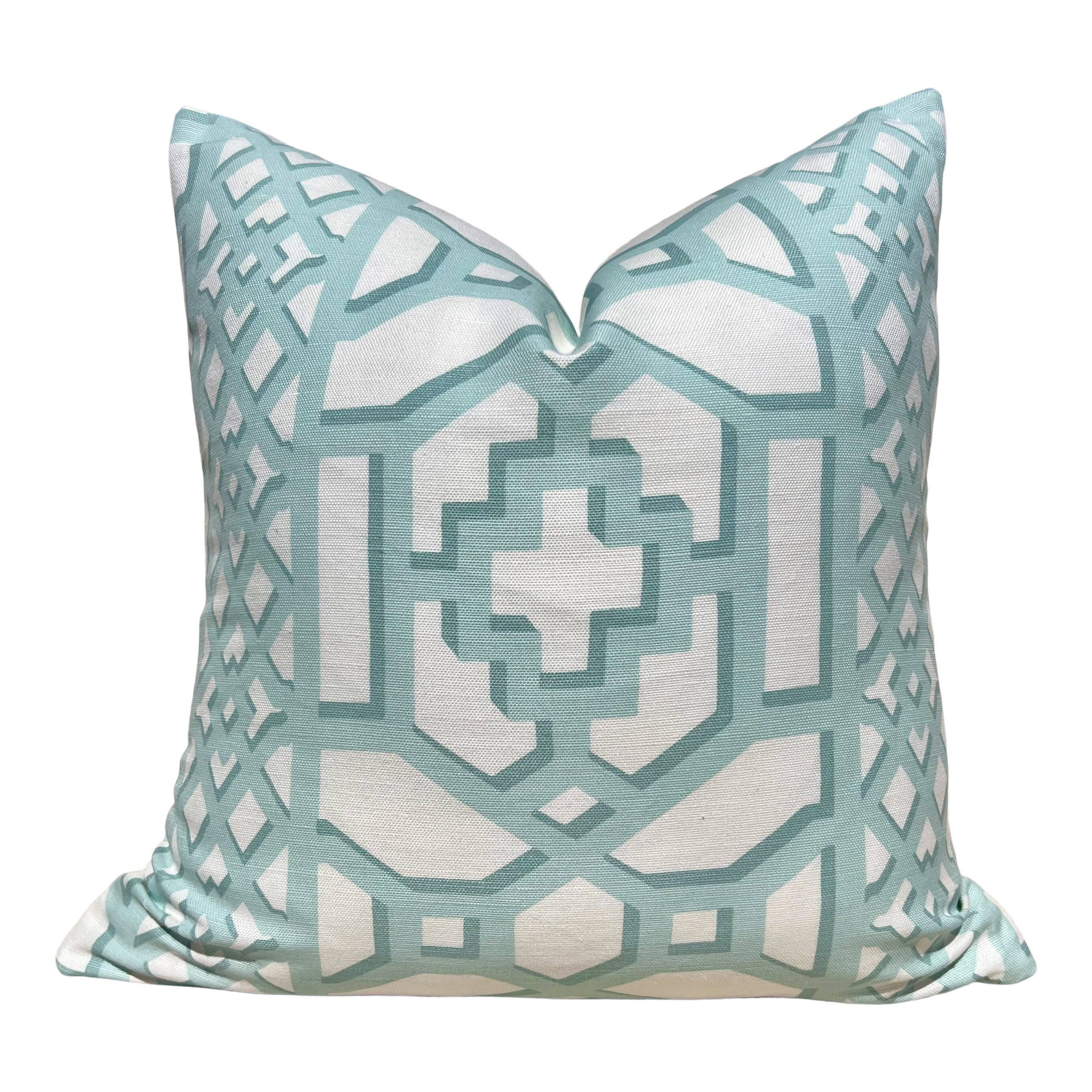 Schumacher Zanzibar Trellis Pillow in Mint. Designer Geometric Pillows, High End Aqua Pillow Covers, Accent Throw Pillows, Euro Sham Cover
