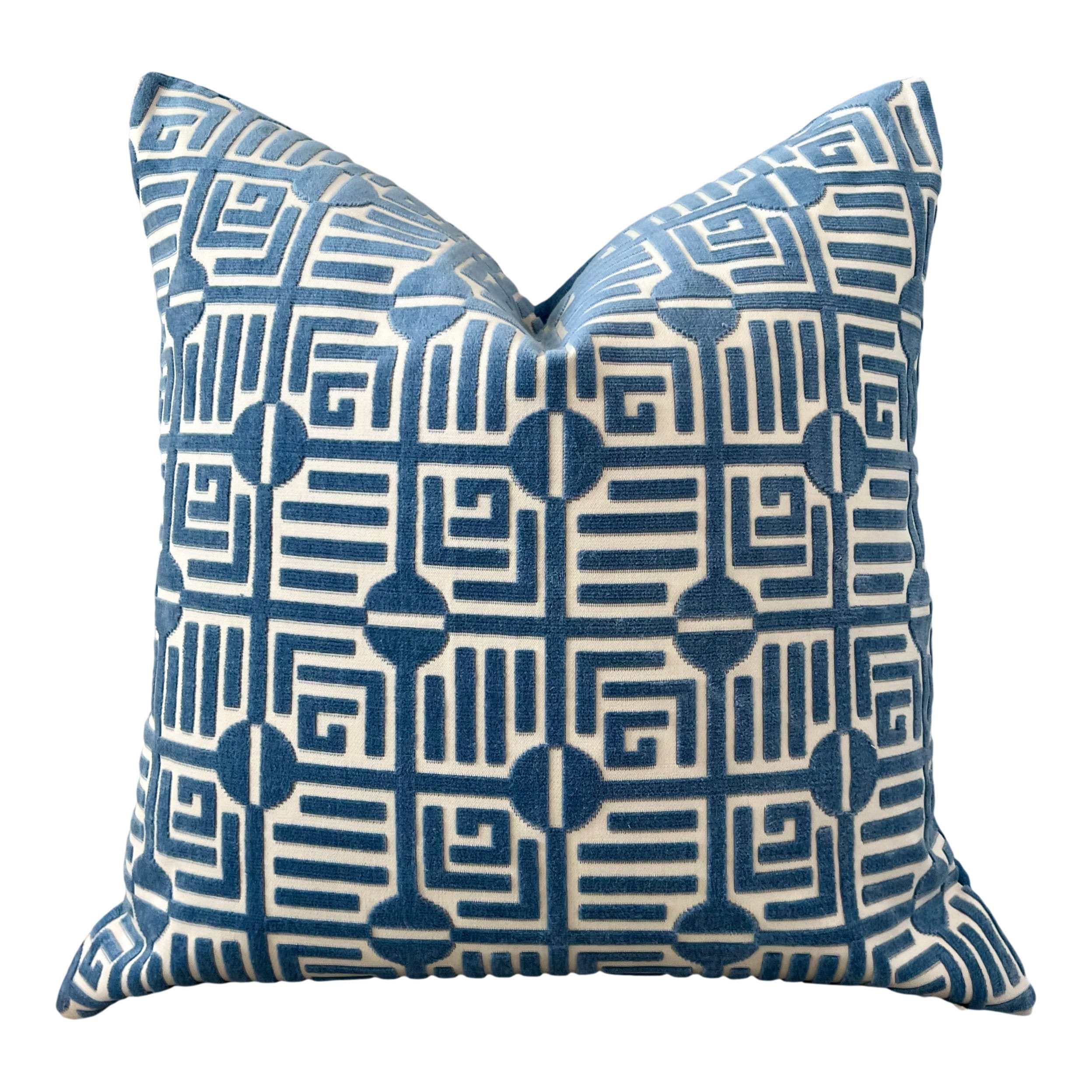 Thibaut Labyrinth Velvet Pillow in Blue. High End Pillows, Designer Raised Velvet Pillows, Geometric Velvet Pillows in Light Blue, Euro Sham