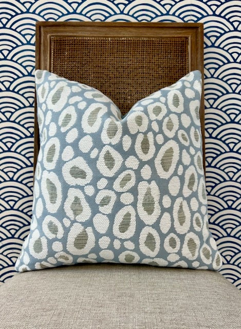 Thibaut Kenzo Indoor Outdoor Pillow in Powder Blue. Outdoor Designer Pillows, High End Pillows, Light Blue Animal Print Modern Pillow