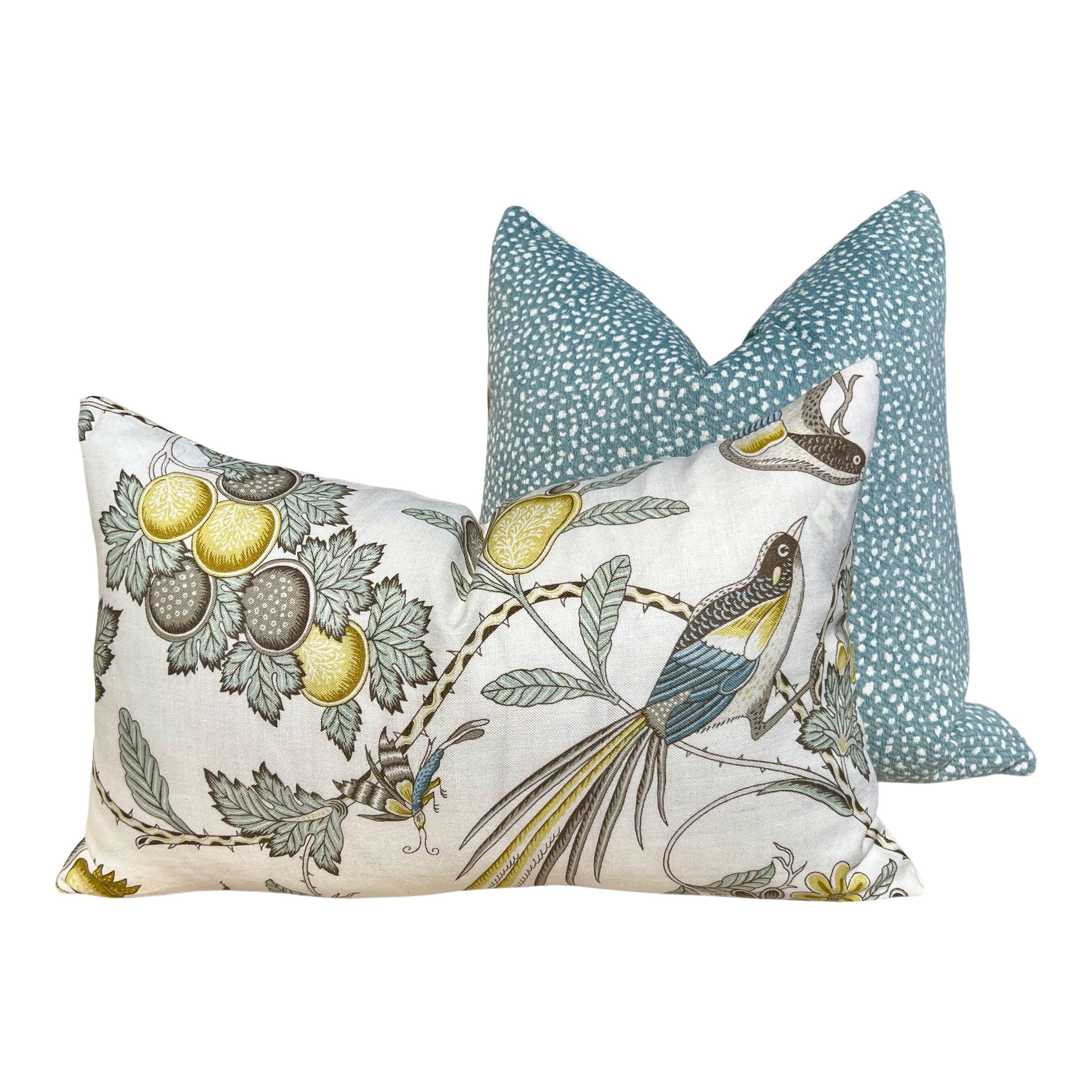 Schumacher Campagne Pillow in Spa Blue. Lumbar Linen Pillow, Designer Pillows, High End Pillows, Yellow Aqua Blue Pillow Case Bird Print