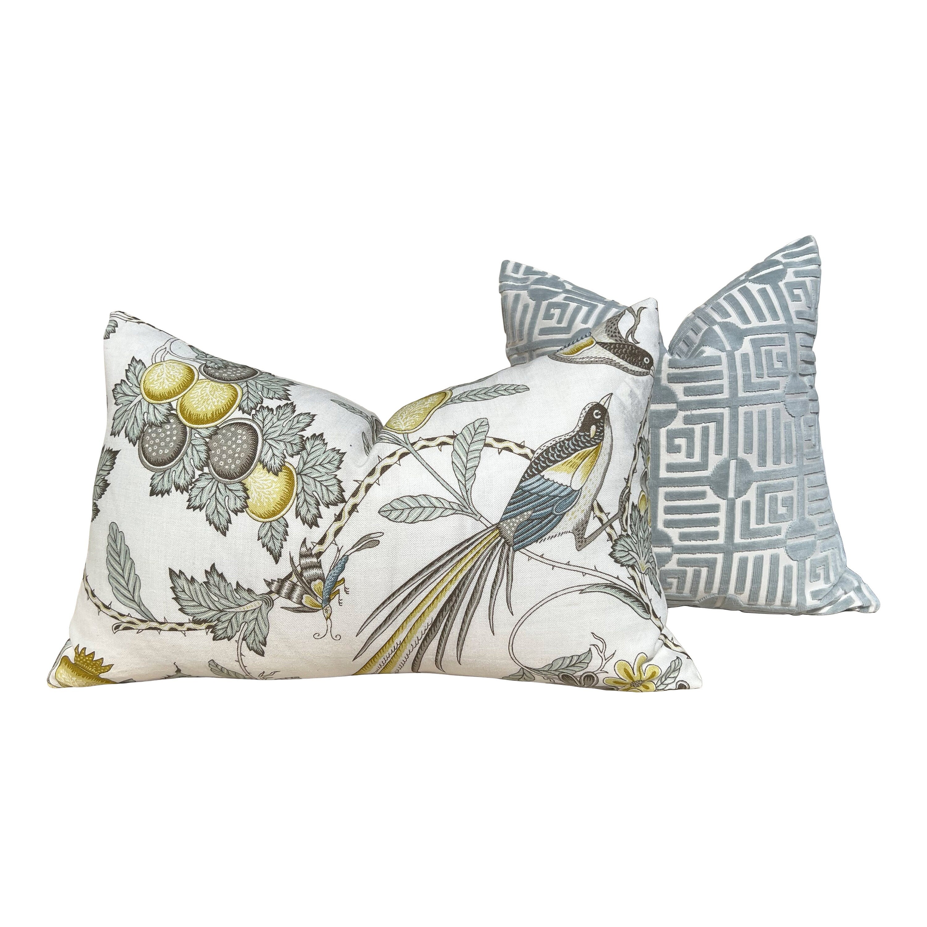 Schumacher Campagne Pillow in Spa Blue. Lumbar Linen Pillow, Designer Pillows, High End Pillows, Yellow Aqua Blue Pillow Case Bird Print