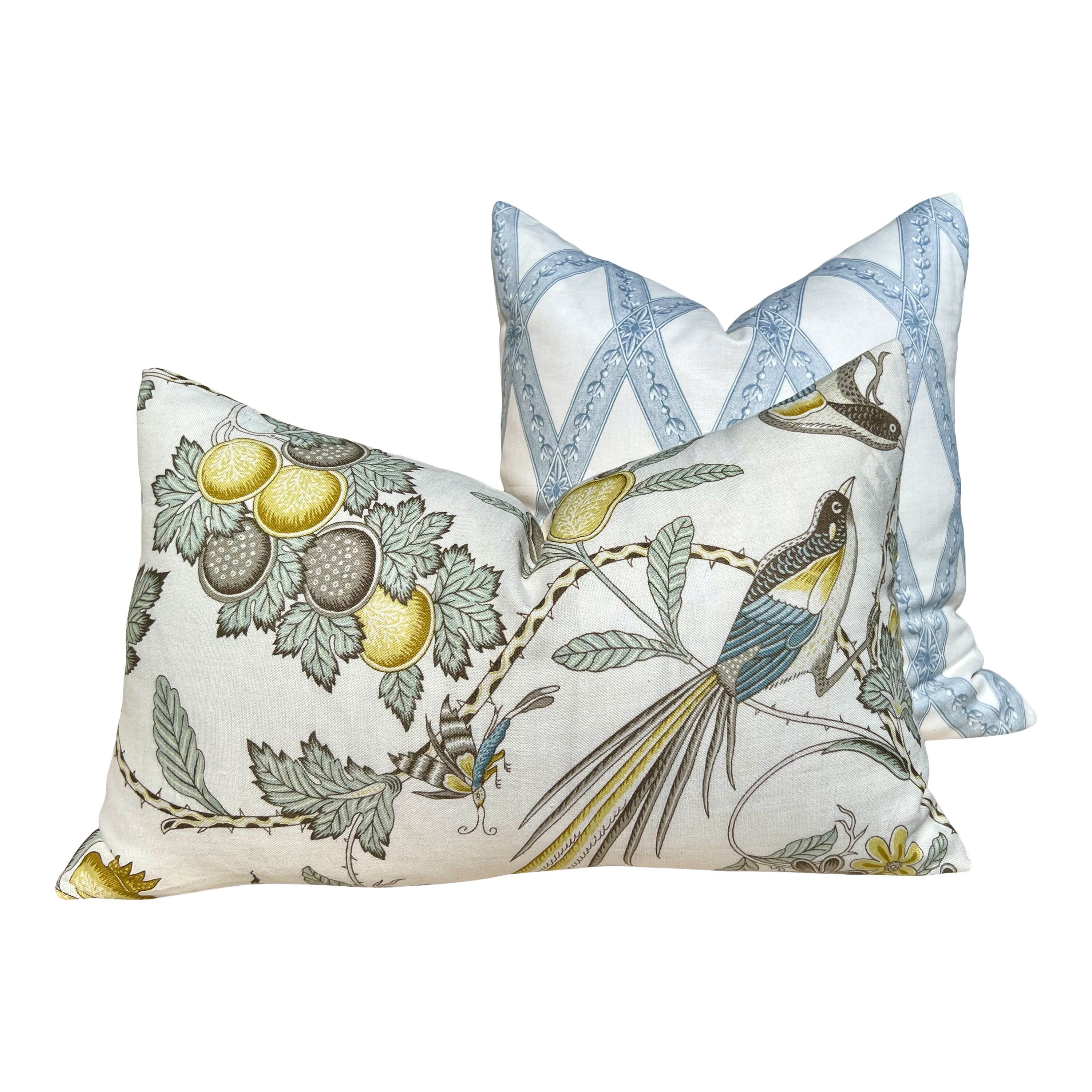 Schumacher Campagne Pillow in Spa Blue. Lumbar Linen Pillow, Designer Pillows, High End Pillows, Yellow Aqua Blue Pillow Case Bird Print