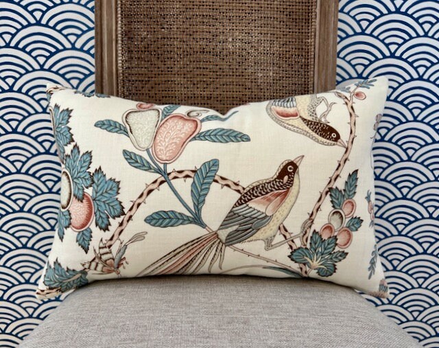 Schumacher Campagne Pillow in Peacock, Rouge Color. Lumbar Linen Pillow, Designer Pillows, High End Pillows, Blush Aqua Pillow Case