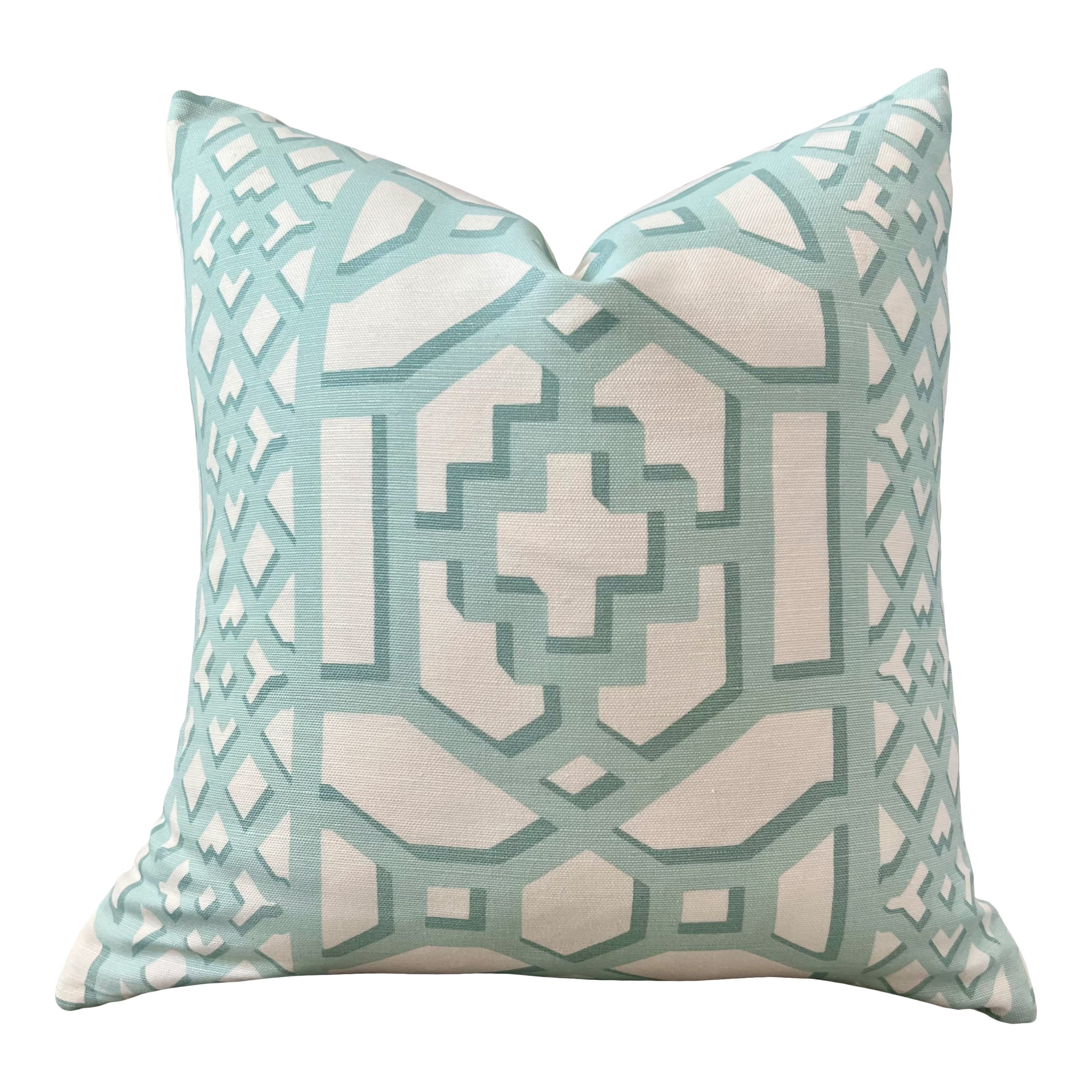 Schumacher Zanzibar Trellis Pillow in Mint. Designer Geometric Pillows, High End Aqua Pillow Covers, Accent Throw Pillows, Euro Sham Cover