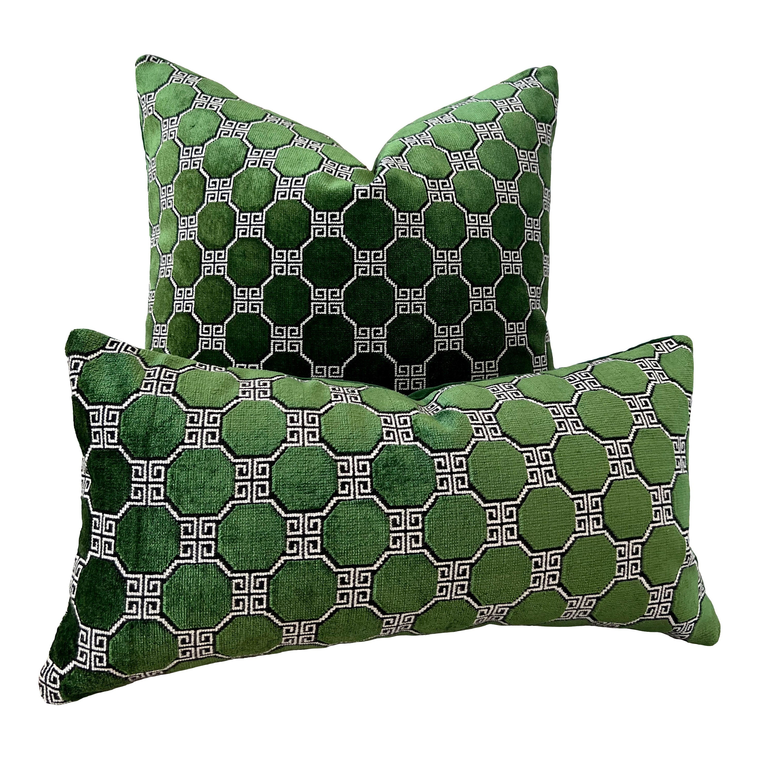 Schumacher Octavia Velvet Pillow in Emerald. Velvet Lux Pillow, Long Lumbar Pillow, Designer Pillows, High End Pillows, Contemporary Pillows