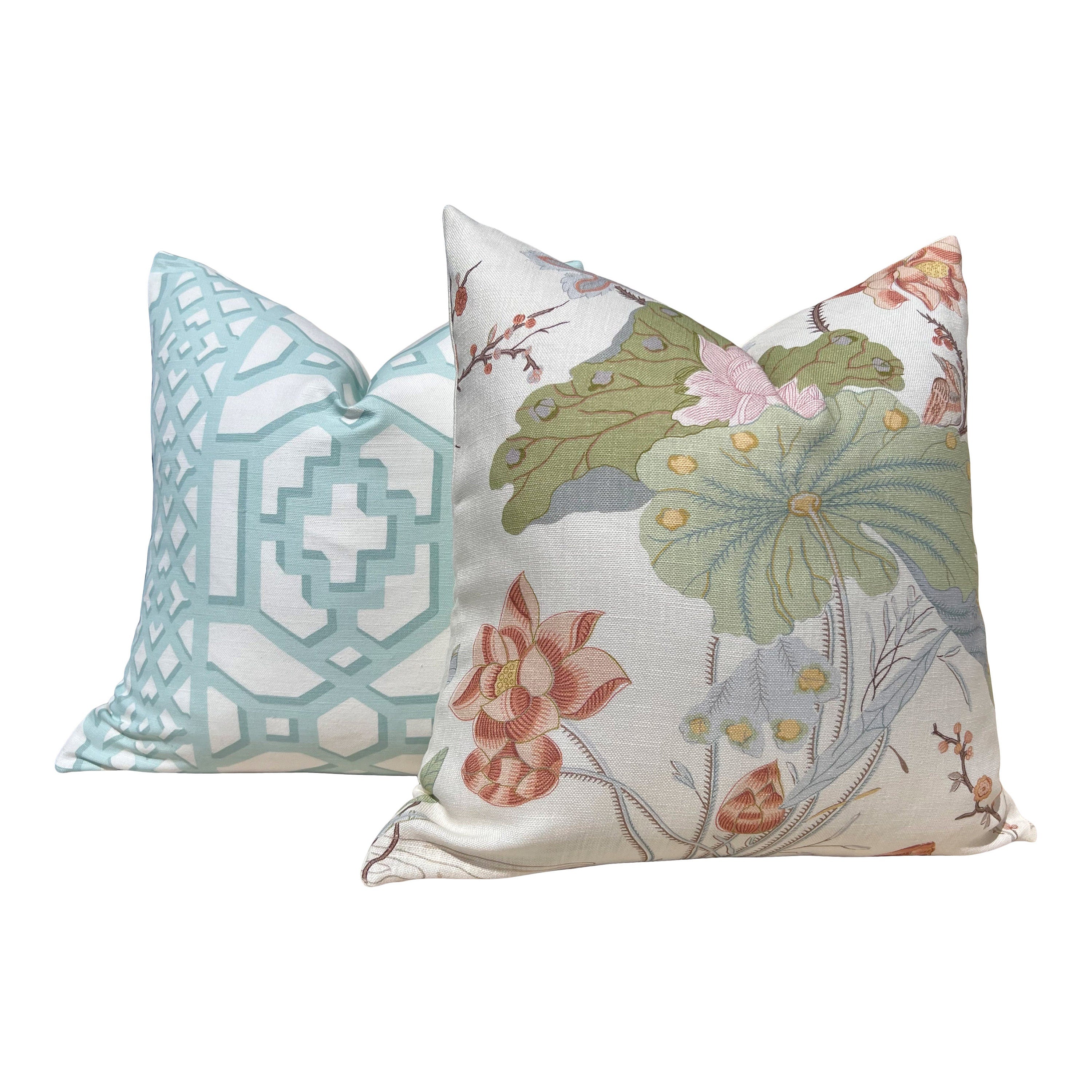 Lee Jofa Luzon Pillow in Apricot. Linen Cream Pillows, Designer Exotic Bird Pillows Luxury Botanical Pillow High End Cream, Green, Aqua