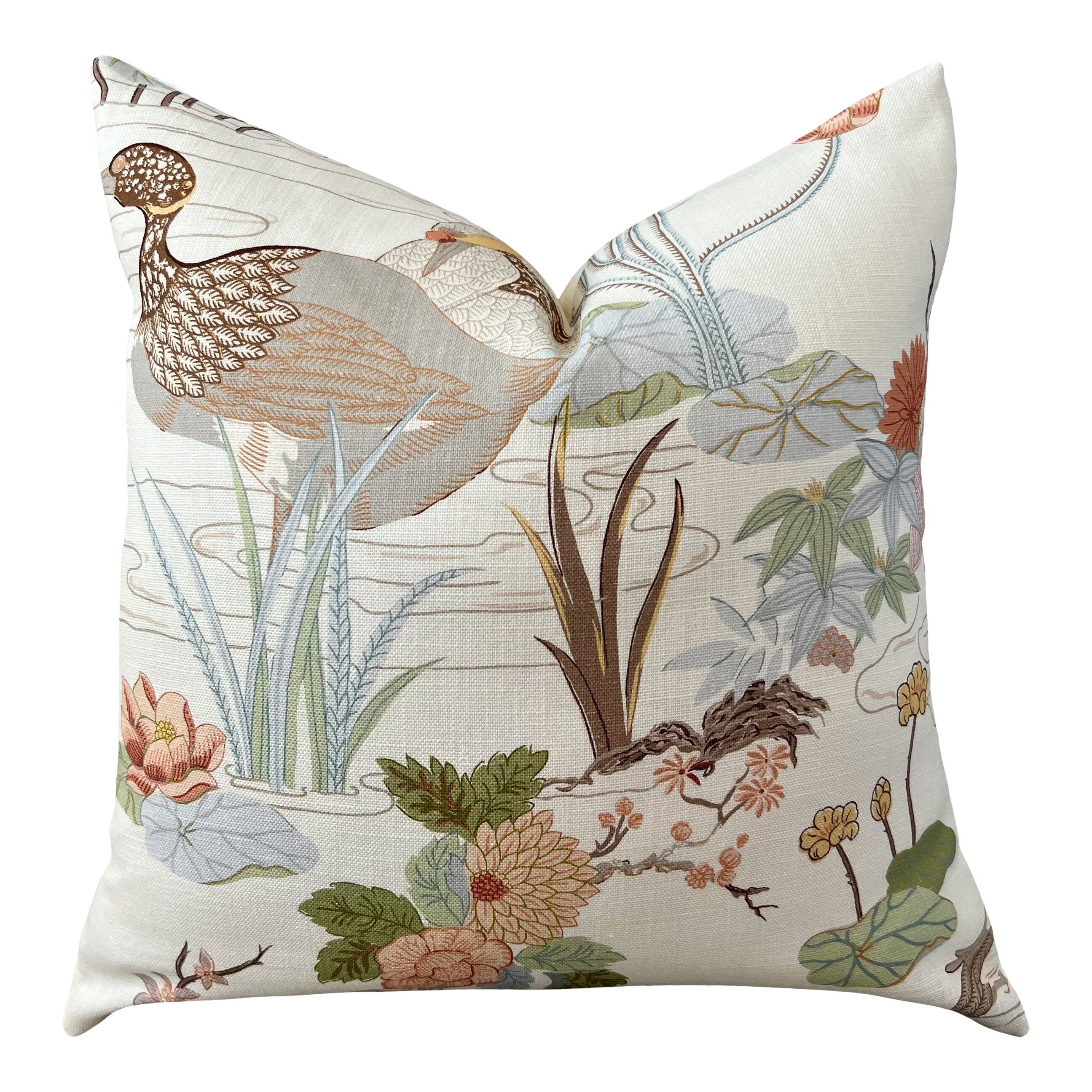 Lee Jofa Luzon Pillow in Apricot. Linen Cream Pillow Designer Exotic Bird Pillows, Luxury Botanical Pillow, euro Sham Linen Cover 26x26