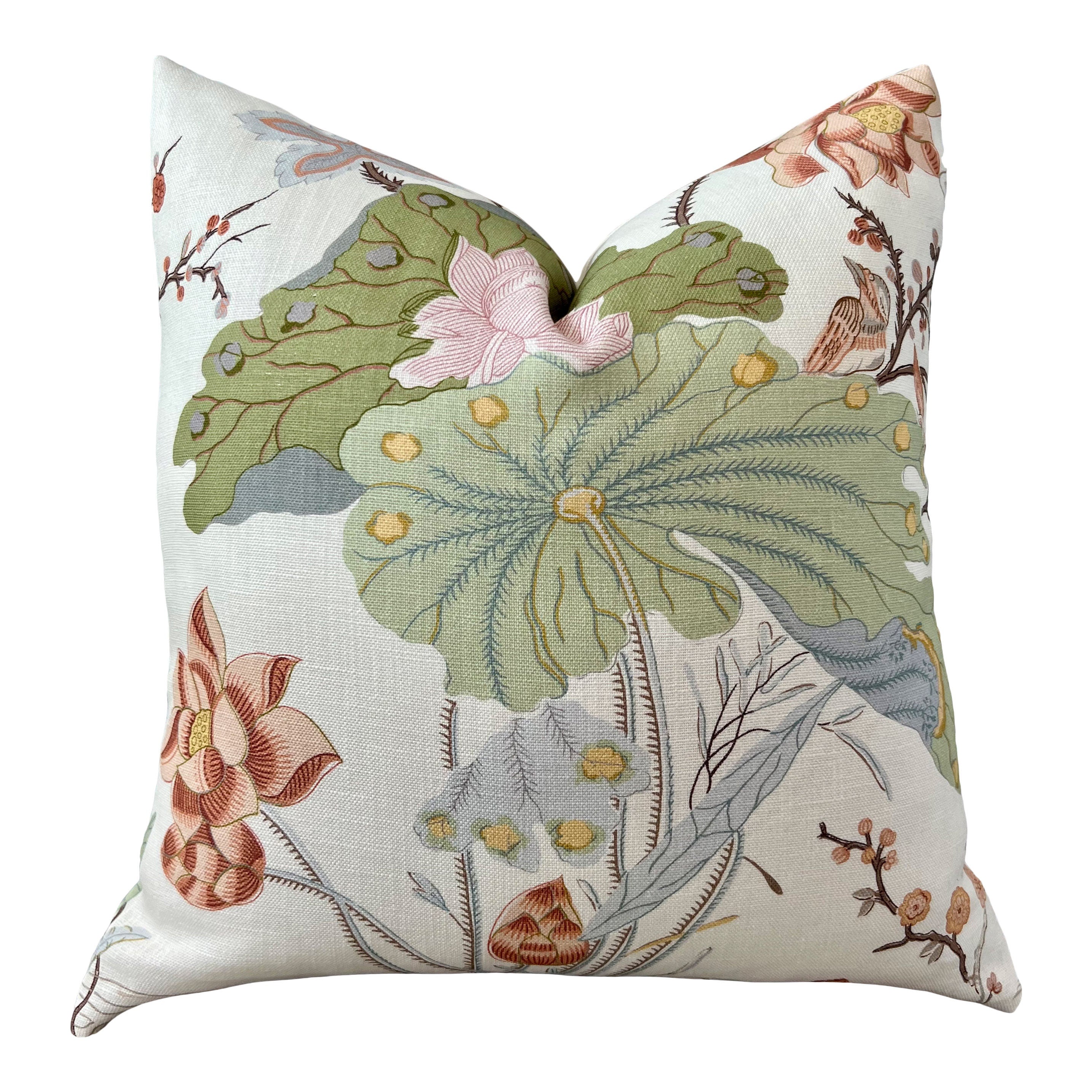 Lee Jofa Luzon Pillow in Apricot. Linen Cream Pillows, Designer Exotic Bird Pillows Luxury Botanical Pillow High End Cream, Green, Aqua
