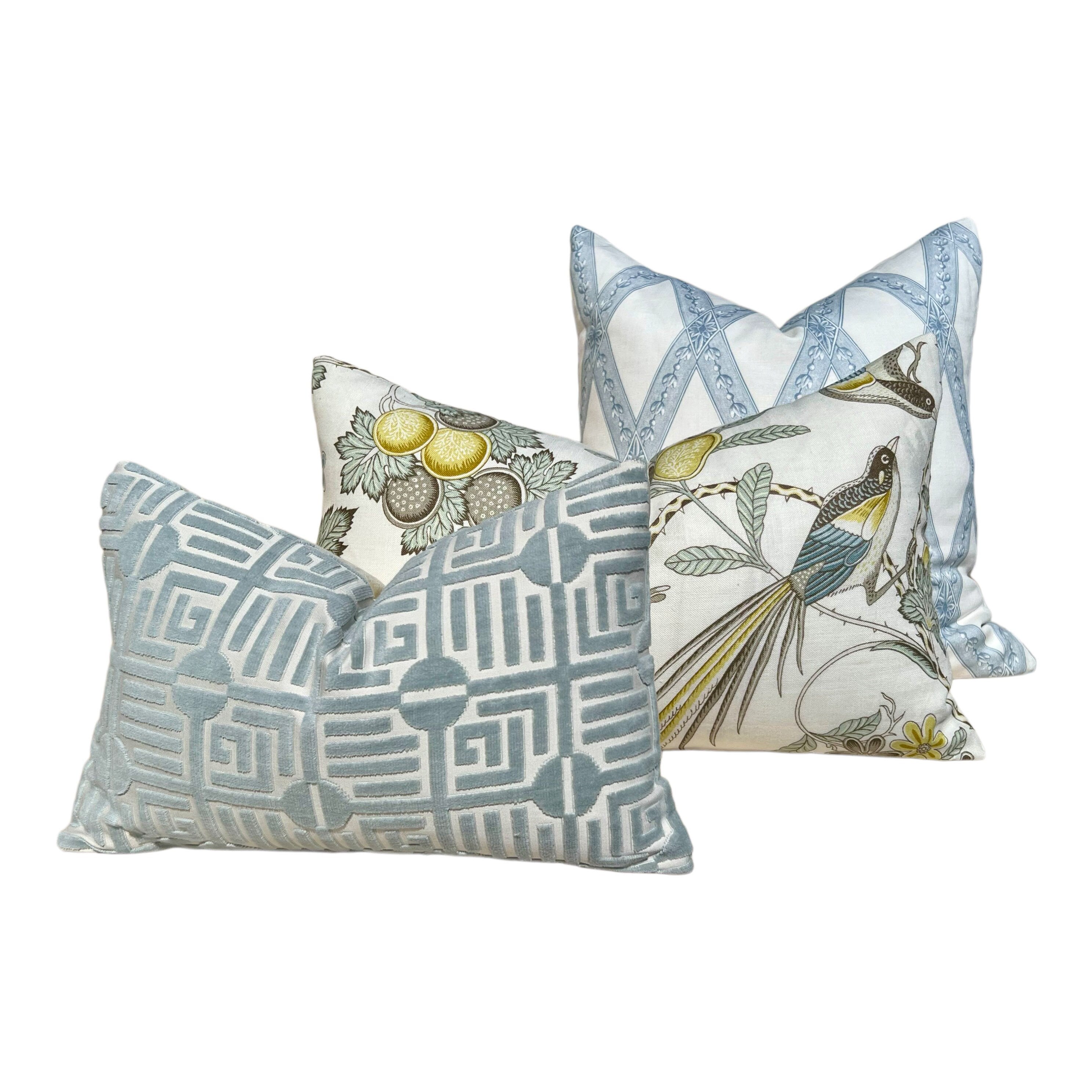 Thibaut Labyrinth Velvet Pillow in Mist. High End Pillows, Designer Raised Velvet Pillows, Geometric Velvet Pillows in Aqua, Euro Sham Cover