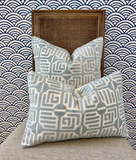 Thibaut Labyrinth Velvet Pillow in Mist. High End Pillows, Designer Raised Velvet Pillows, Geometric Velvet Pillows in Aqua, Euro Sham Cover