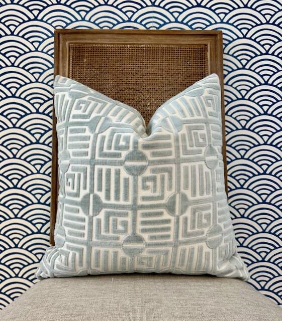 Thibaut Labyrinth Velvet Pillow in Mist. High End Pillows, Designer Raised Velvet Pillows, Geometric Velvet Pillows in Aqua, Euro Sham Cover