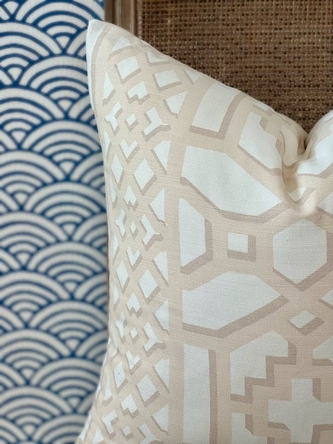 Schumacher Zanzibar Trellis Pillow in Blush. Designer Geometric Pillows, High End Pink Pillow Covers, Accent Throw Pillows, Euro Sham Cover
