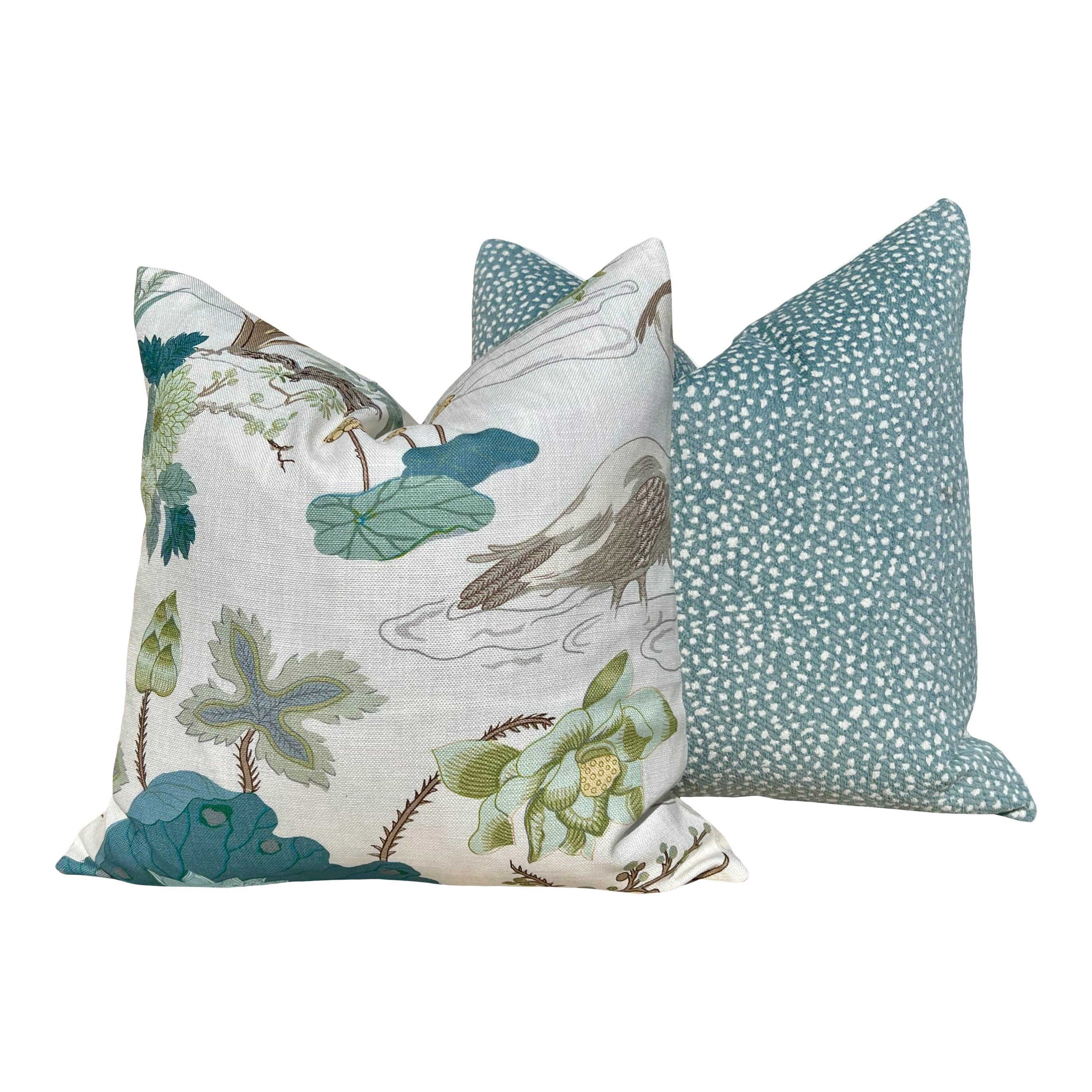 Lee Jofa Luzon Pillow in Jade. Linen Cream Green Pillows, Designer Exotic Bird Pillows, High End Pillow Covers, Luxury Botanical Pillow