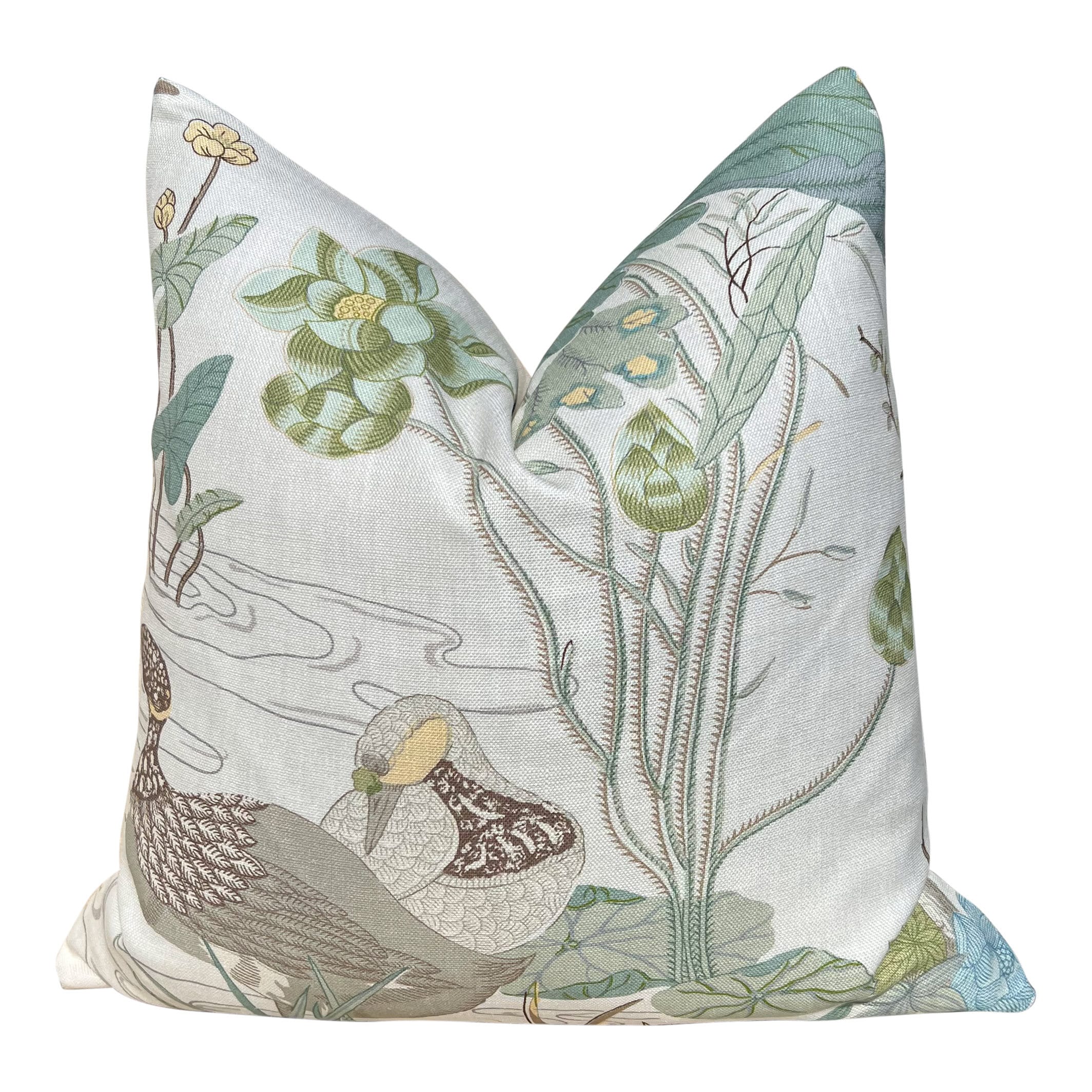 Lee Jofa Luzon Pillow in Jade. Linen Cream Green Pillows, Designer Exotic Bird Pillows, High End Pillow Covers, Luxury Botanical Pillow