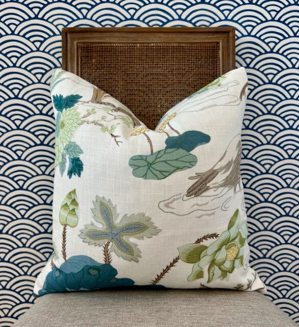Lee Jofa Luzon Pillow in Jade. Linen Cream Green Pillows, Designer Exotic Bird Pillows, High End Pillow Covers, Luxury Botanical Pillow
