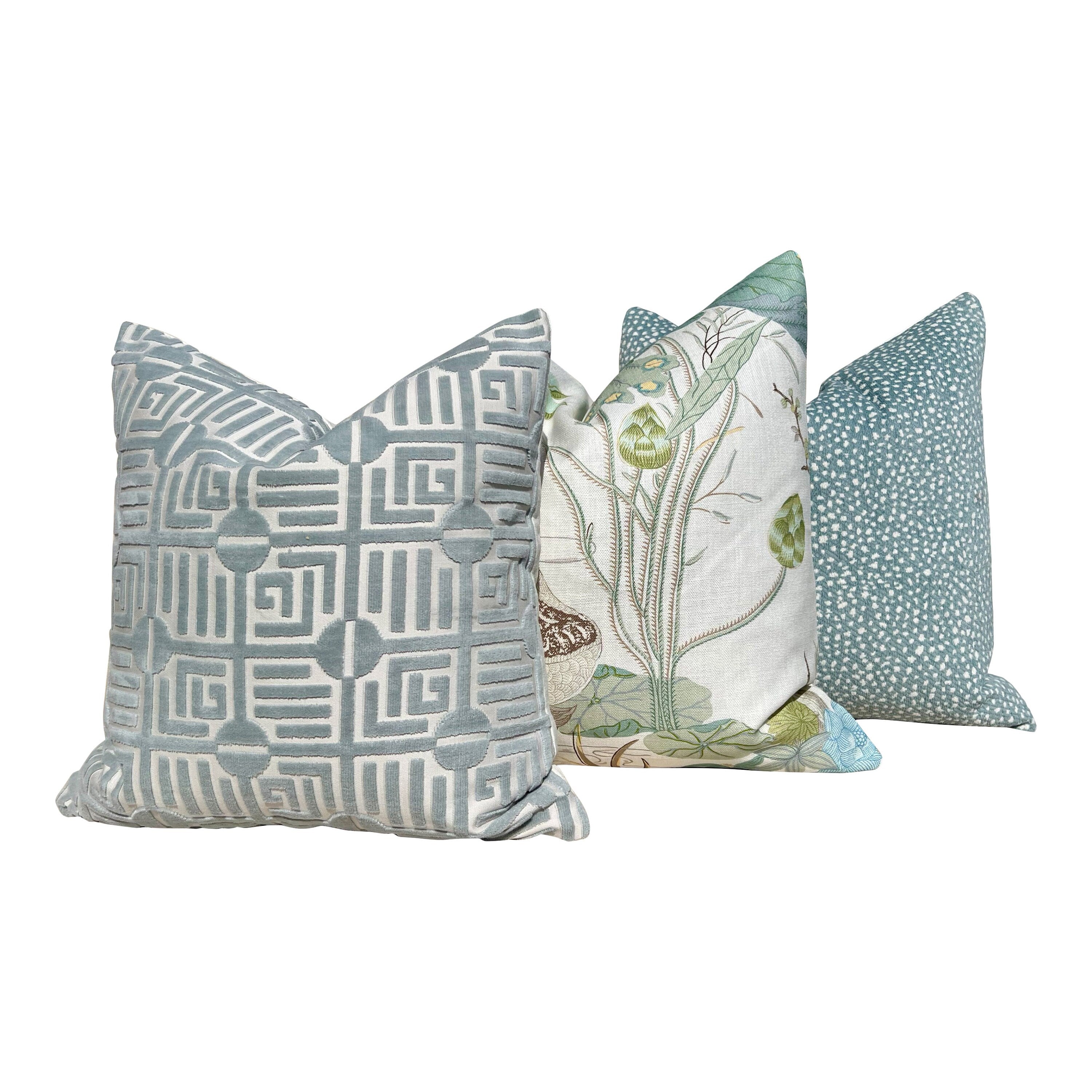 Thibaut Labyrinth Velvet Pillow in Mist. High End Pillows, Designer Raised Velvet Pillows, Geometric Velvet Pillows in Aqua, Euro Sham Cover