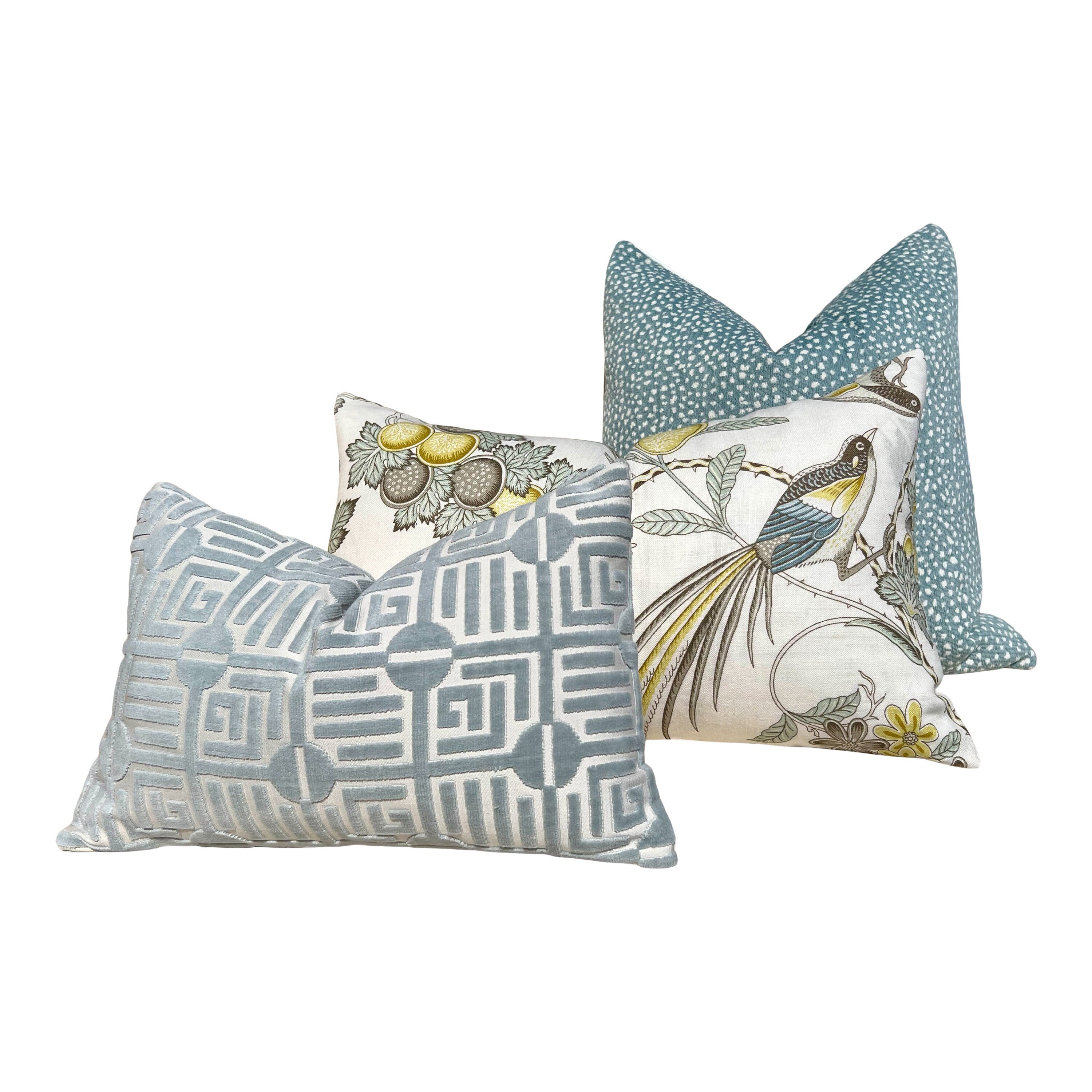 Thibaut Labyrinth Velvet Pillow in Mist. High End Pillows, Designer Raised Velvet Pillows, Geometric Velvet Pillows in Aqua, Euro Sham Cover