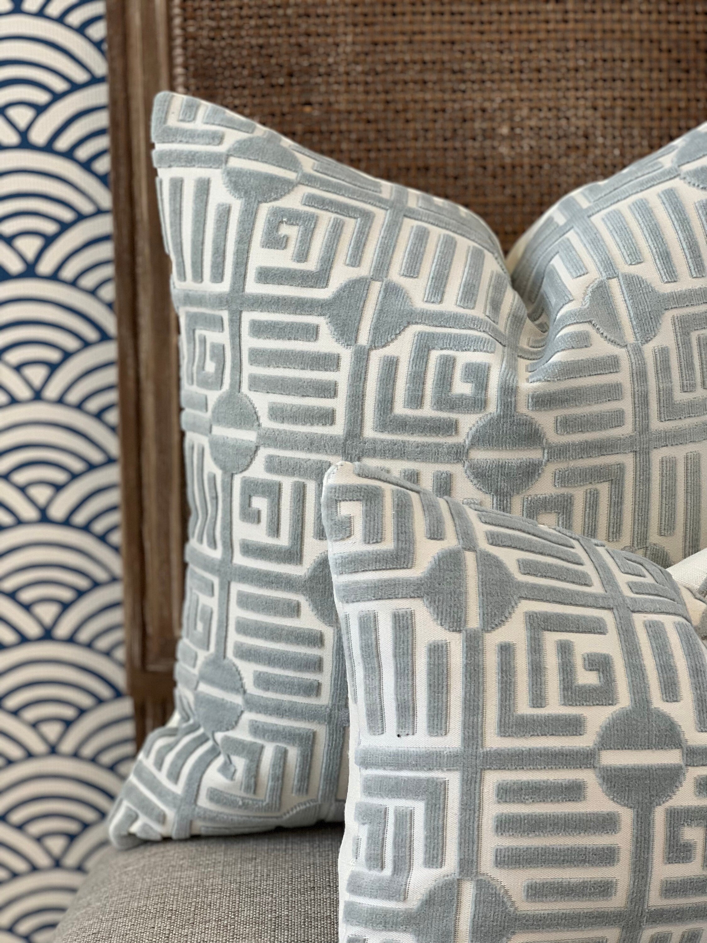 Thibaut Labyrinth Velvet Pillow in Mist. High End Pillows, Designer Raised Velvet Pillows, Geometric Velvet Pillows in Aqua, Euro Sham Cover