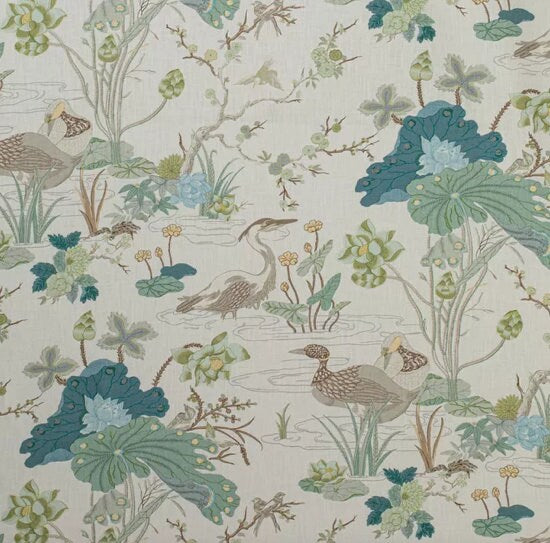 Lee Jofa Luzon Pillow in Jade. Linen Cream Green Pillows, Designer Exotic Bird Pillows, High End Pillow Covers, Luxury Botanical Pillow