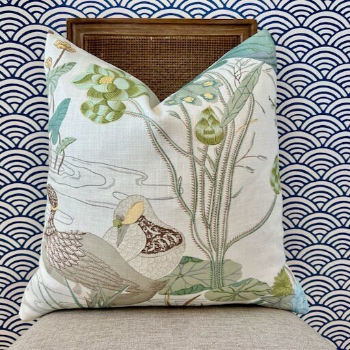 Lee Jofa Luzon Pillow in Jade. Linen Cream Green Pillows, Designer Exotic Bird Pillows, High End Pillow Covers, Luxury Botanical Pillow
