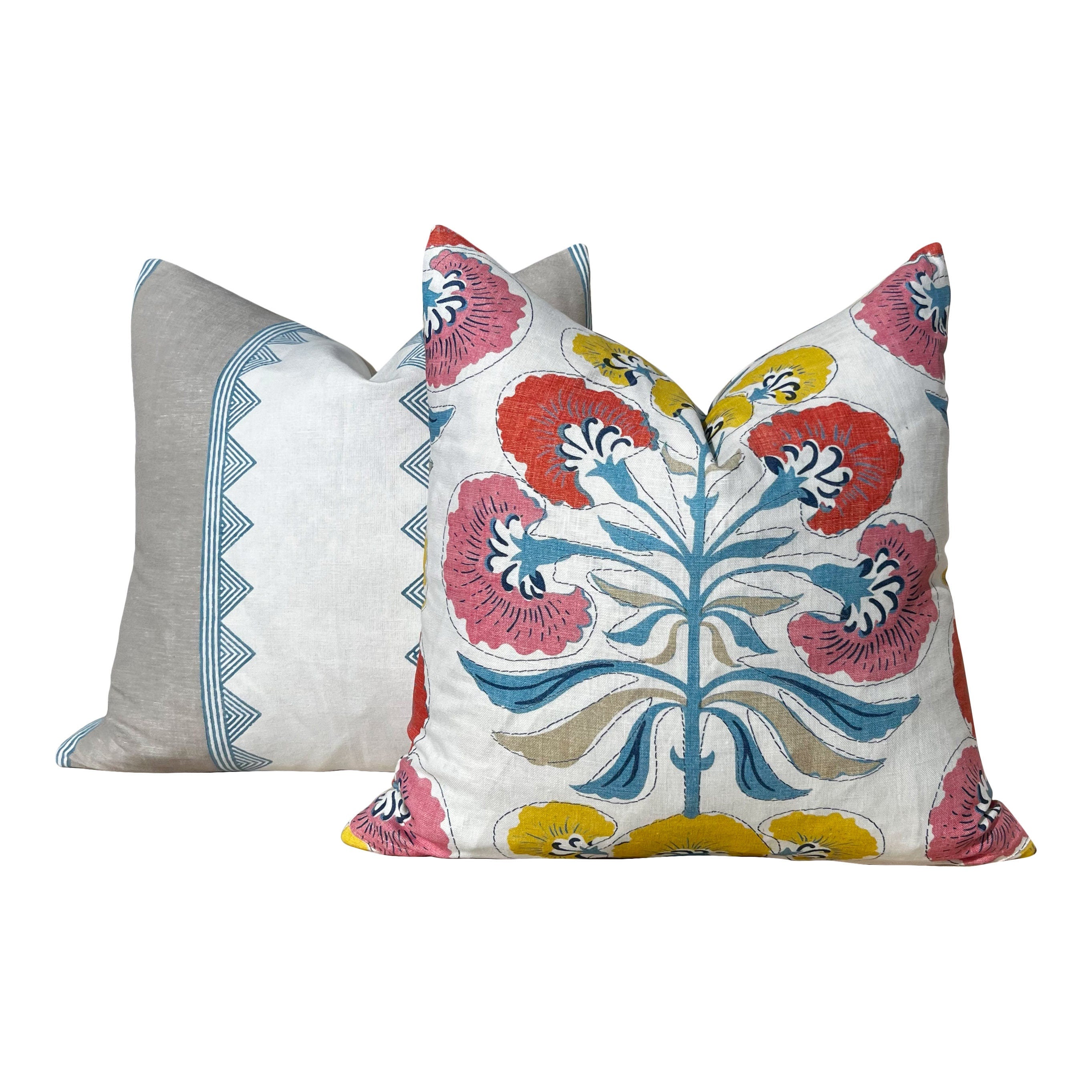 Thibaut Tybee Tree Pillow in Coral and Yellow. Designer Botanical Pillows, Euro Sham Covers 26"X26", Floral Pillow Blue Red, High End Pillow