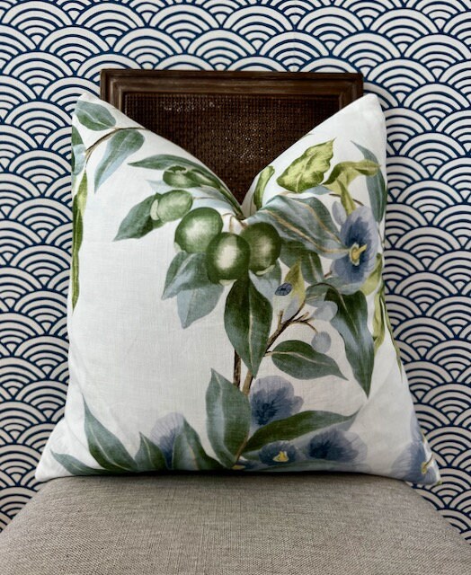 Camellia Garden Pillow in Sky Blue. Designer Pillows High End Pillows, Aqua Blue Floral Pillows, Linen Pillow Cover, Floral Bedroom Decor